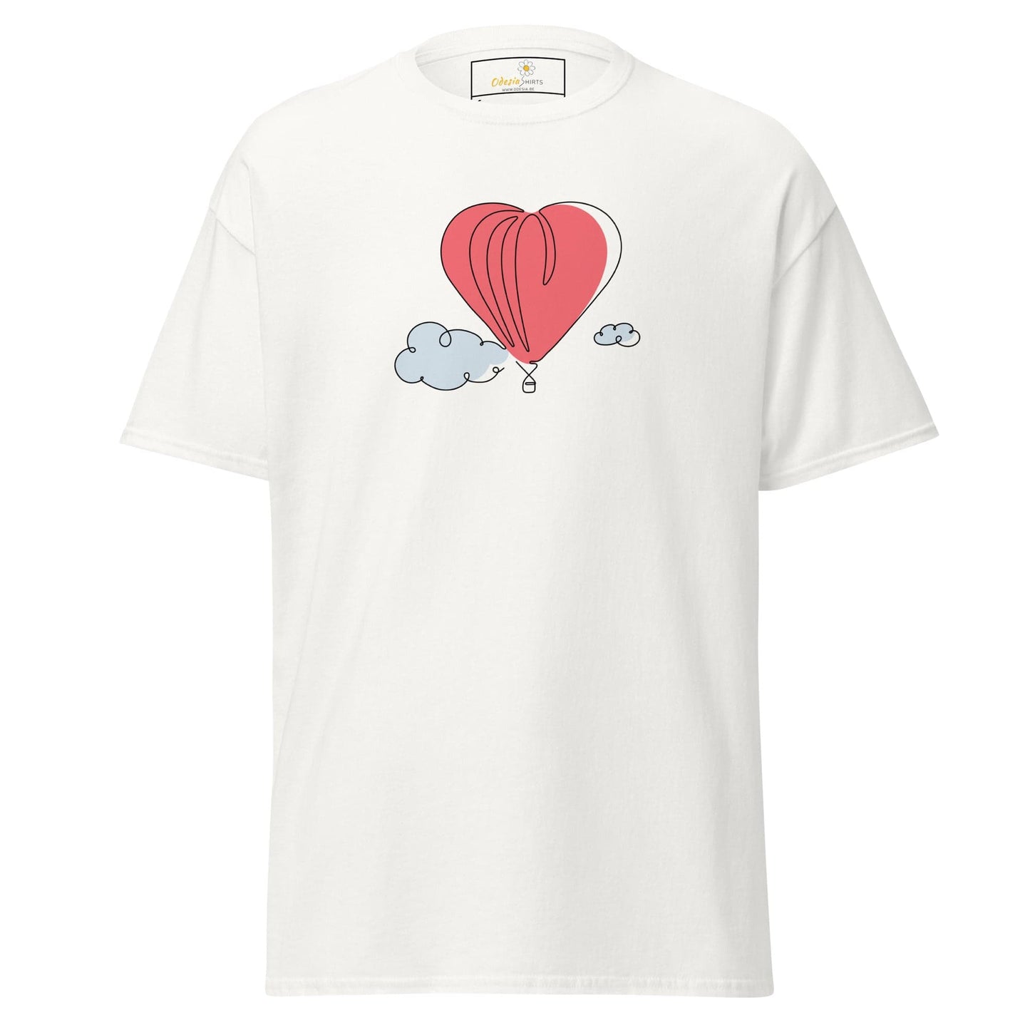 White T-shirt with heart balloon graphic for men and women, available in sizes S to XL