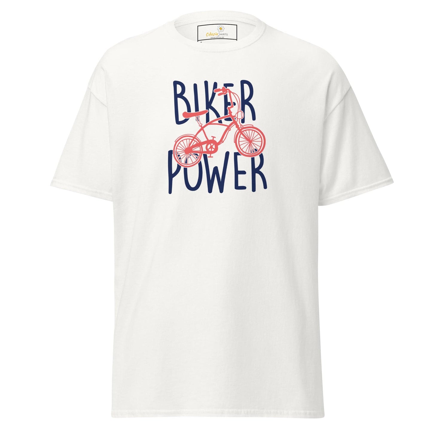 White T-shirt with bicycle graphic from T-SHIRT DESIGN TEE for men and women sizes S to XL