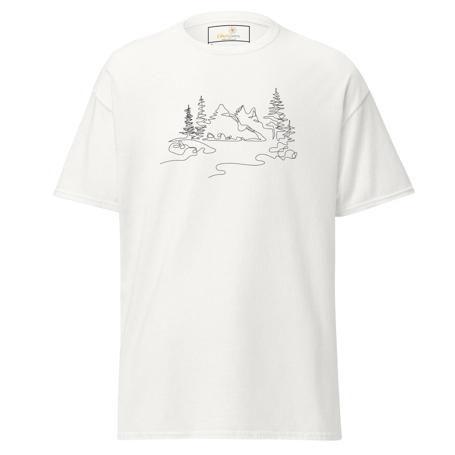 White T-shirt featuring mountain line art design, suitable for men and women sizes S to XL