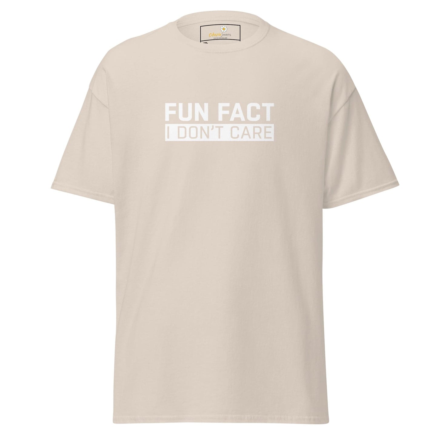 Beige t-shirt with text.