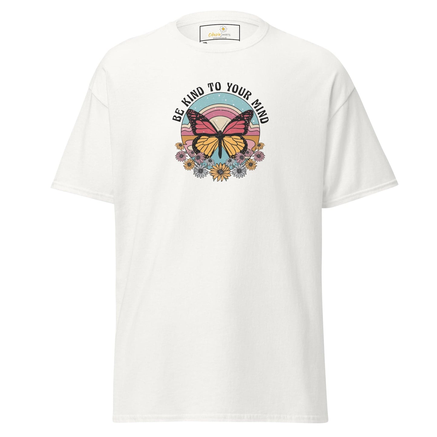White t-shirt with butterfly graphic.