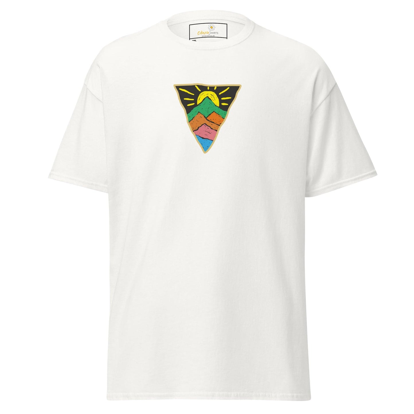 White T-shirt with colorful mountain graphic, suitable for Men and Women, 2XL to 5XL