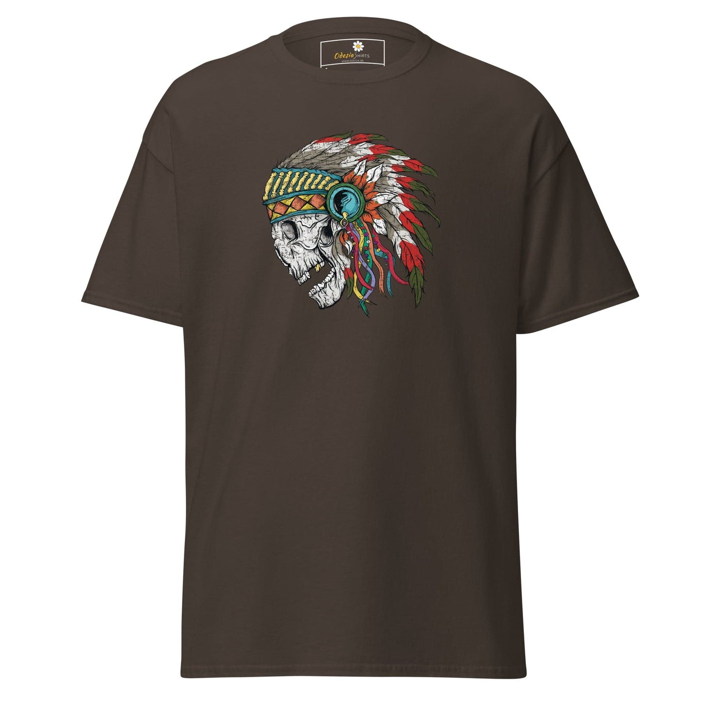 Unisex classic t-shirt - SKULL NATIVE INDIAN - REGULAR - Dark Chocolate / S