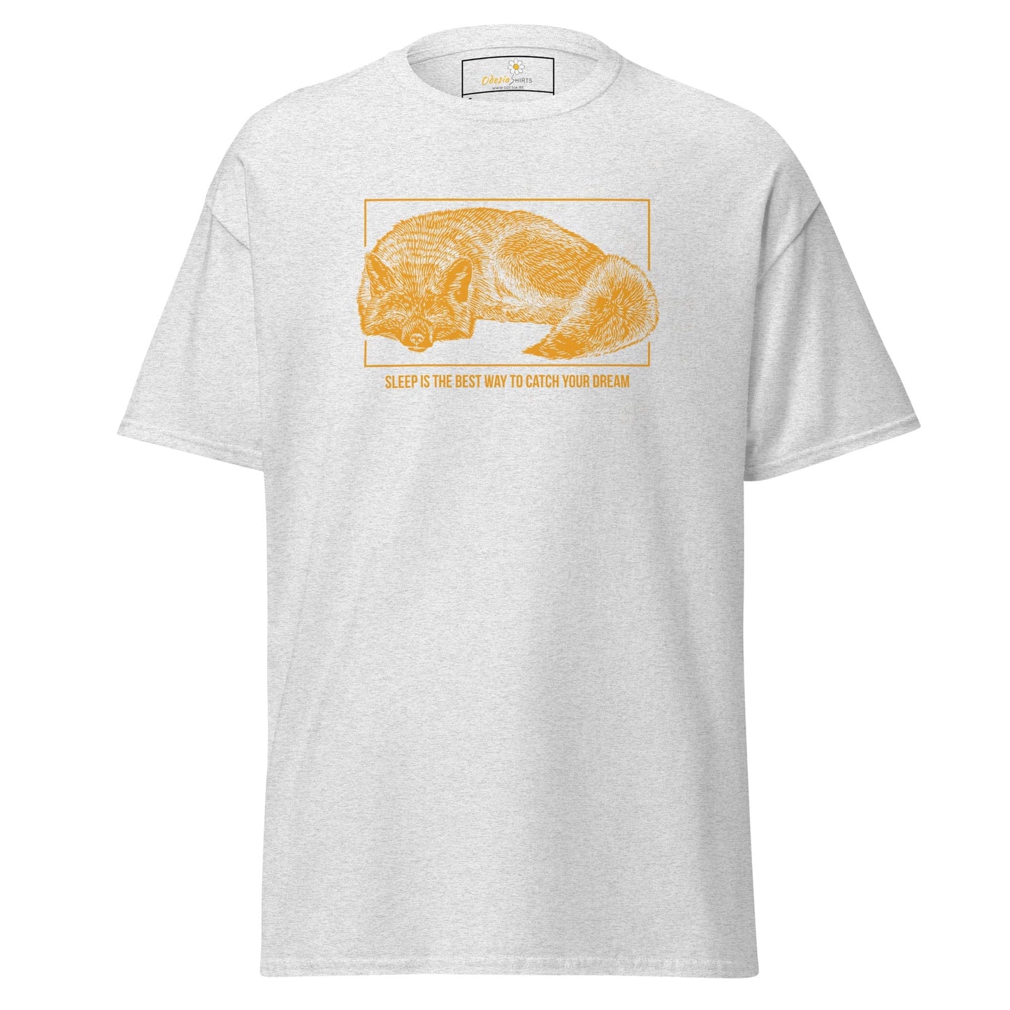 White T-shirt featuring an orange cat graphic for men and women in sizes S to XL