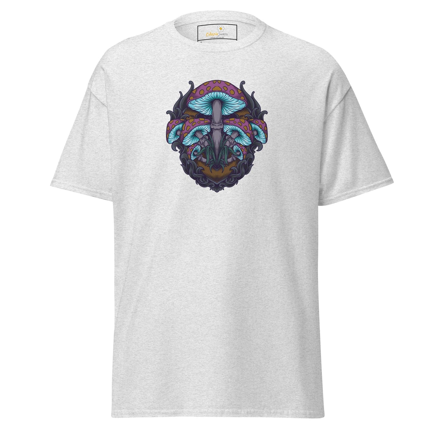 White T-shirt with mushroom design, suitable for men and women, sizes S to XL