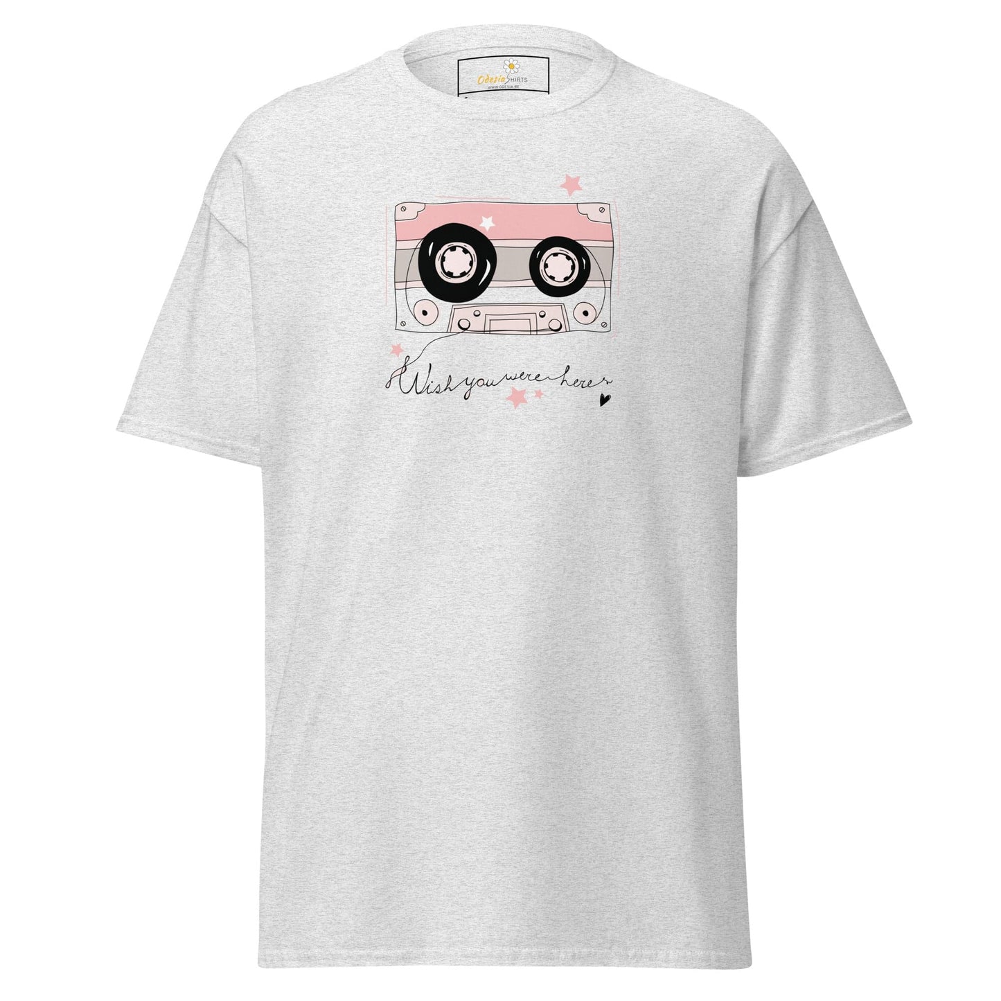 White T-shirt with cassette tape design, suitable for men and women in sizes S to XL