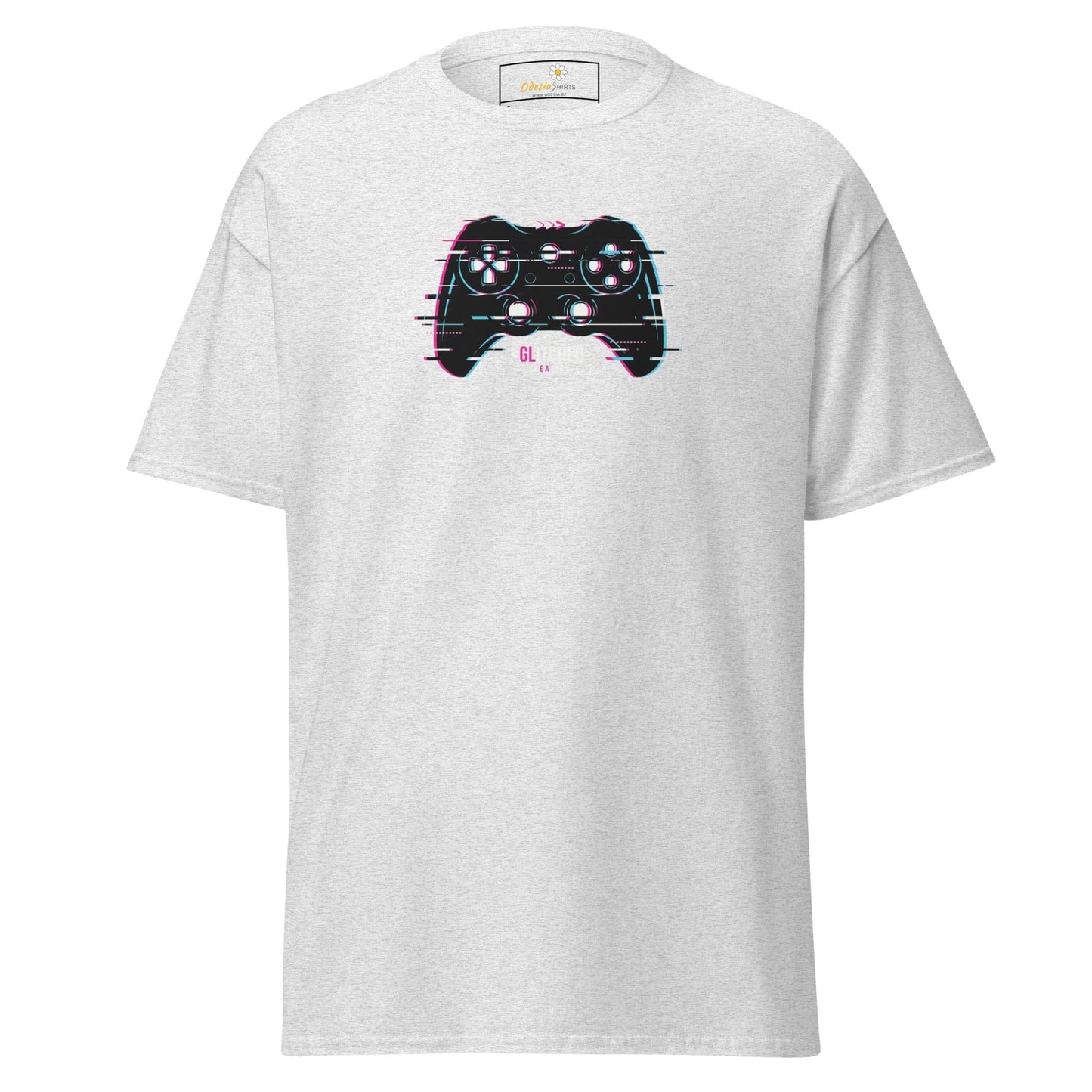 White T-shirt with glitching game controller design for men and women in sizes S to XL