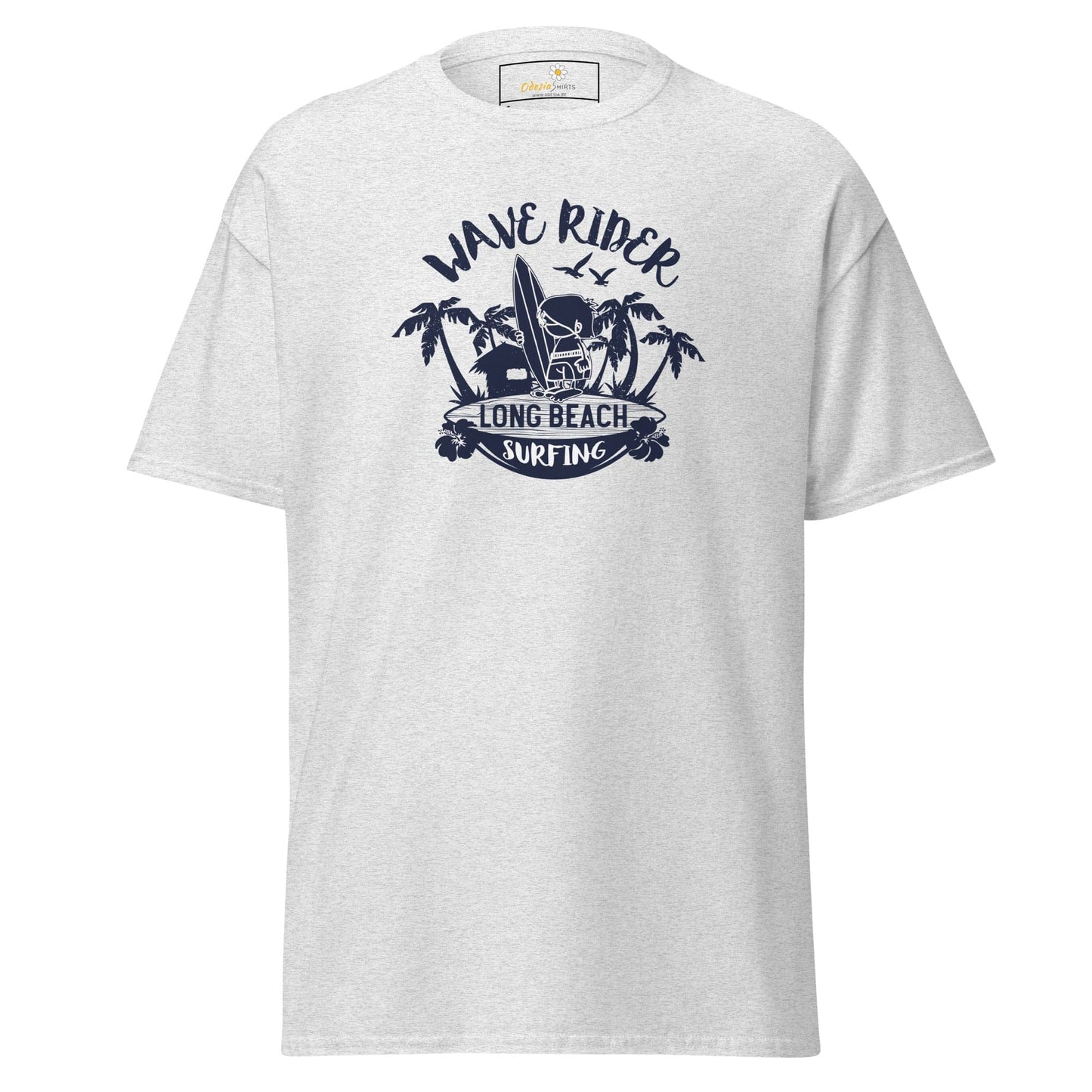White T-shirt with surfing graphic for men and women, available in sizes S to XL