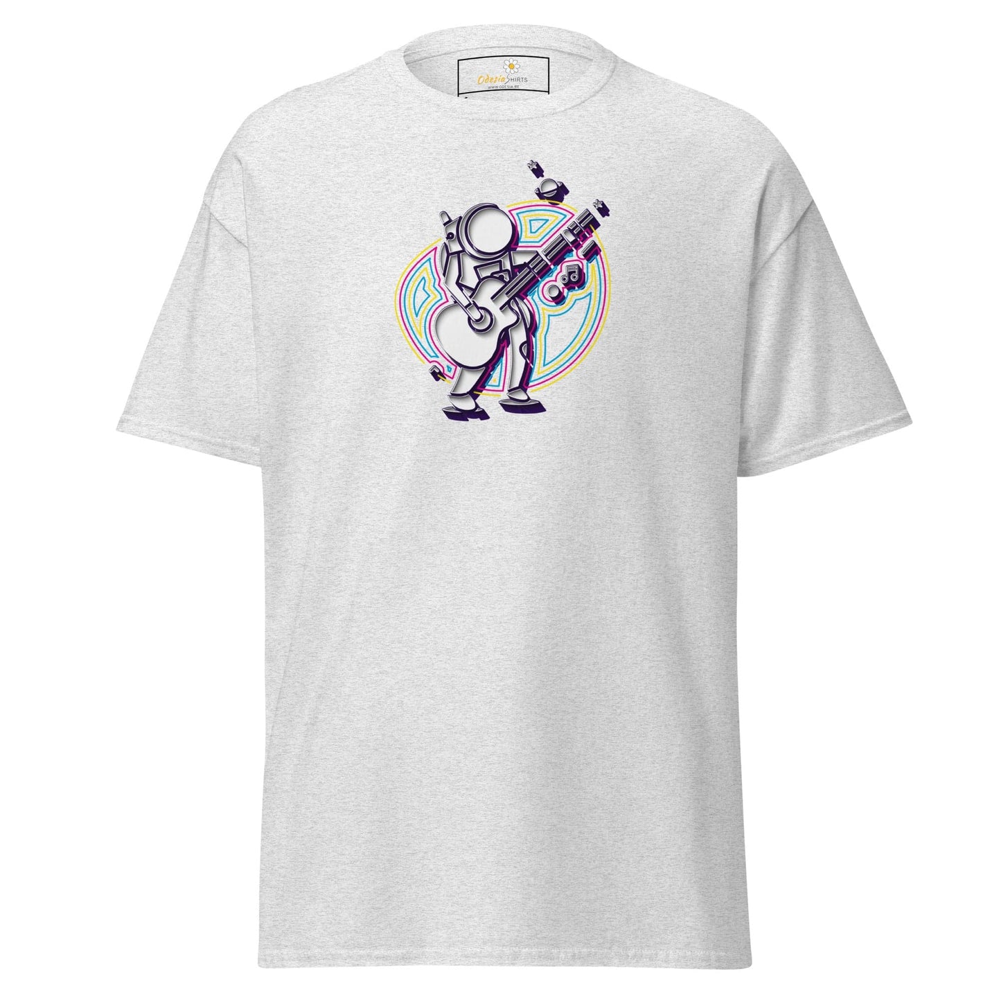 White T-shirt with astronaut guitarist graphic, available in Men’s and Women’s sizes S to XL