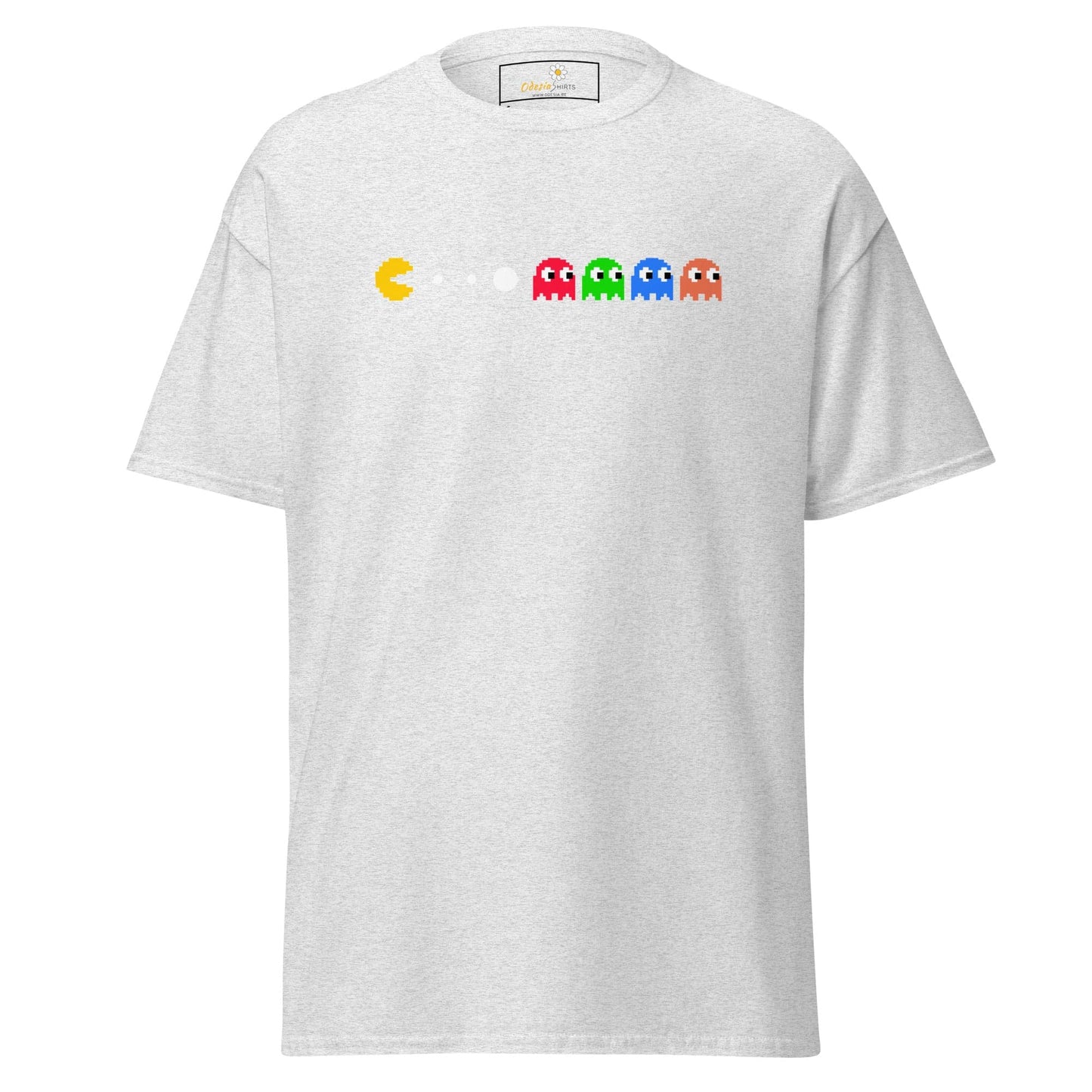 White T-shirt with Pac-Man design for men and women, available in sizes S to XL