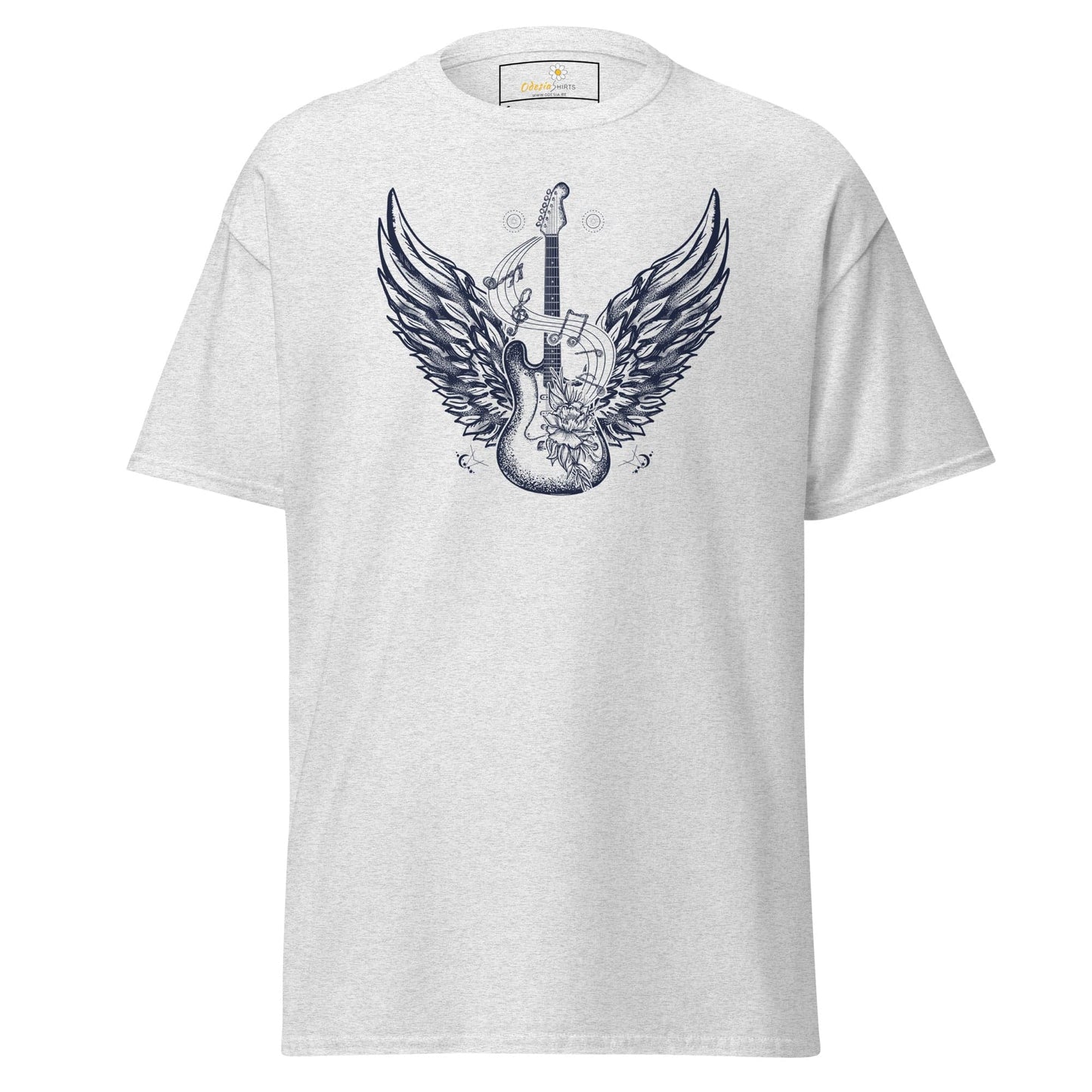 White T-shirt with Guitar and Wings graphic for Men and Women, available in sizes S to XL
