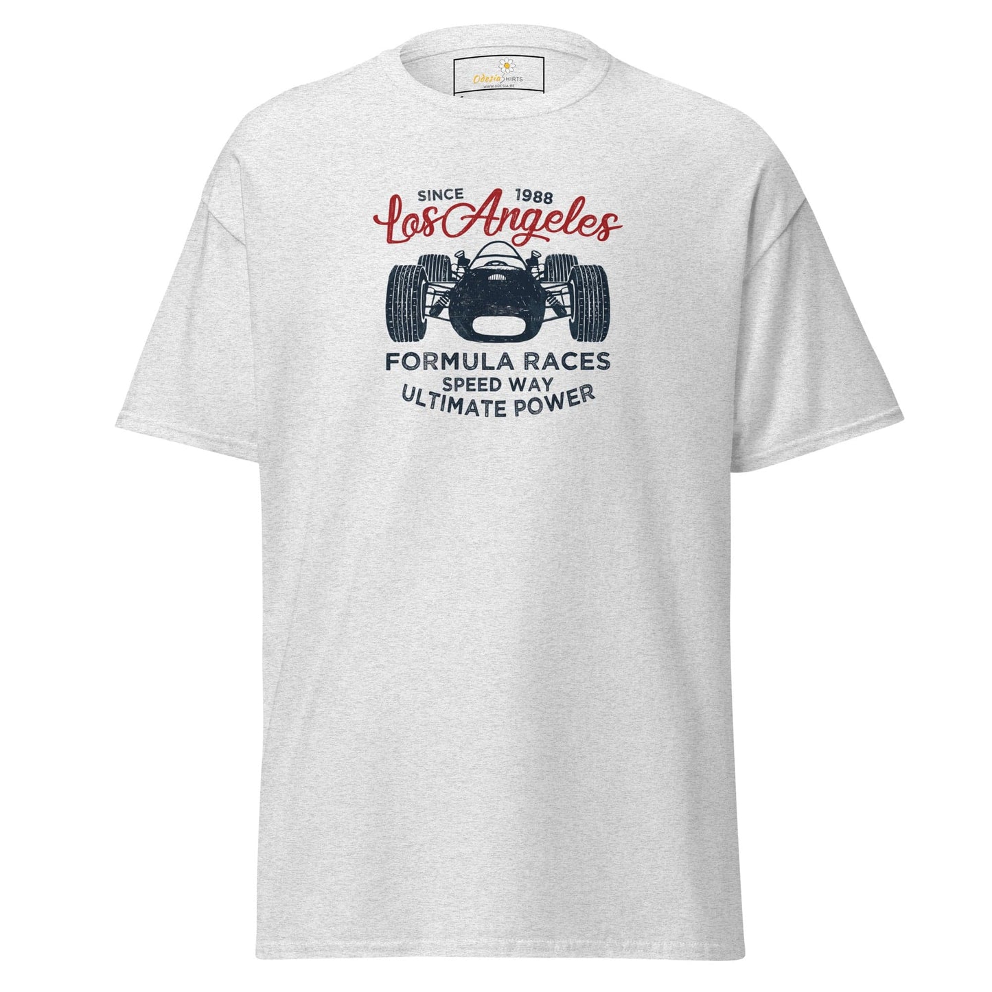 White T-shirt with race car graphic from T-SHIRT DESIGN TEE for men and women, sizes S to XL