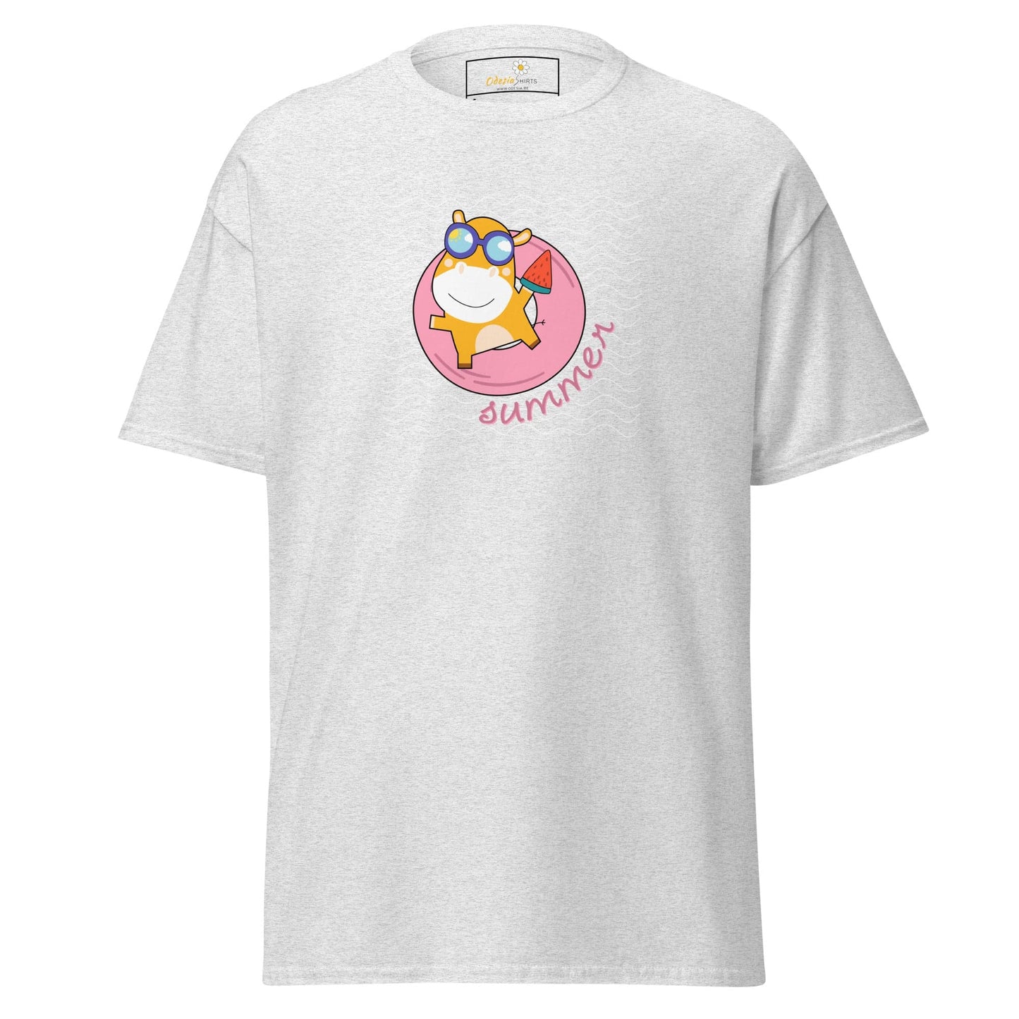 White T-shirt with summer-themed cartoon design for men and women size S to XL