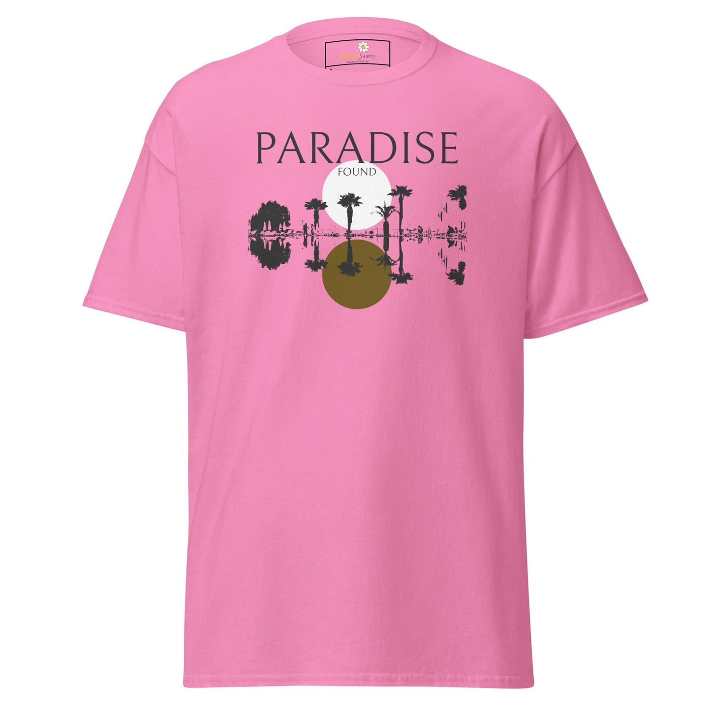 Pink T-shirt featuring a tropical graphic for men and women, available in sizes S to XL
