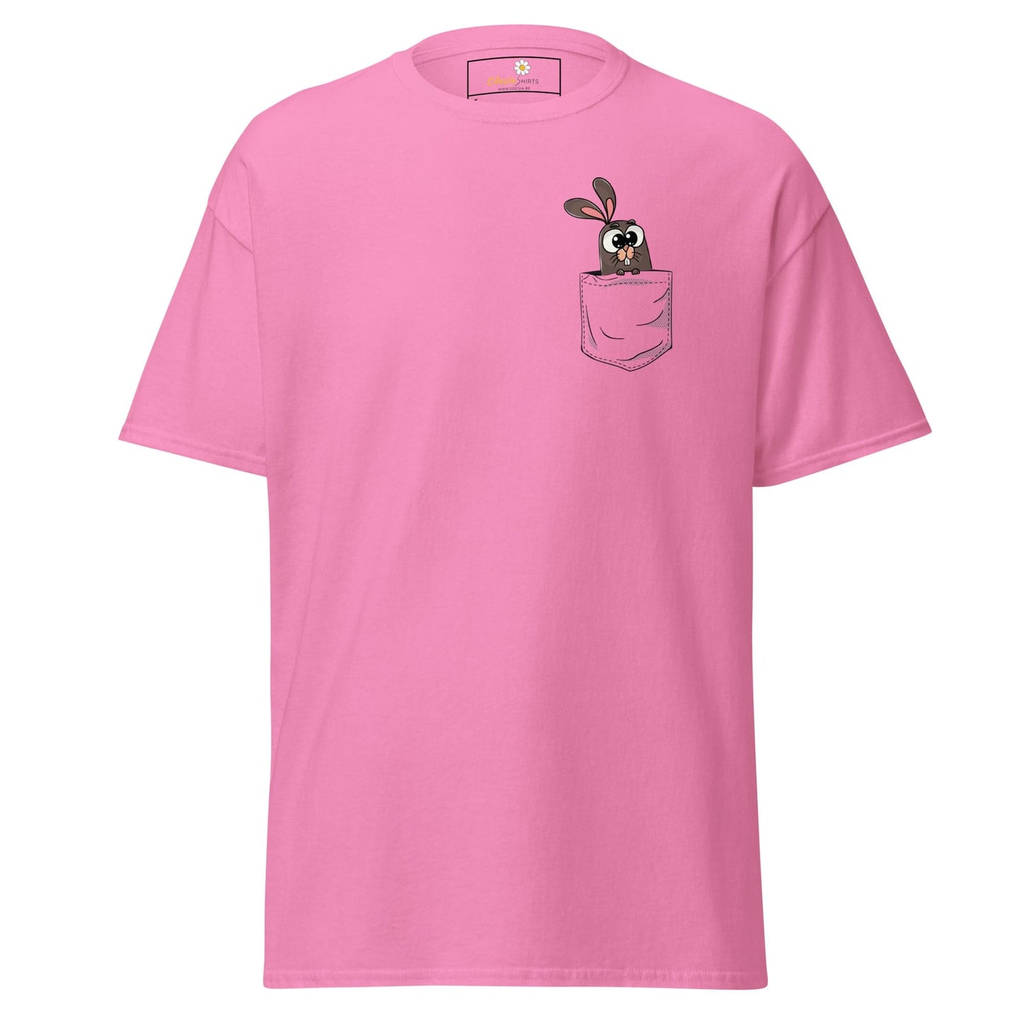 Pink T-shirt featuring a cartoon bunny in the pocket for men and women, available S to XL