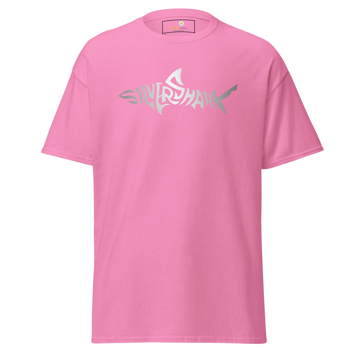 Pink T-shirt with shark graphic displayed in T-SHIRT DESIGN TEE for Men and Women