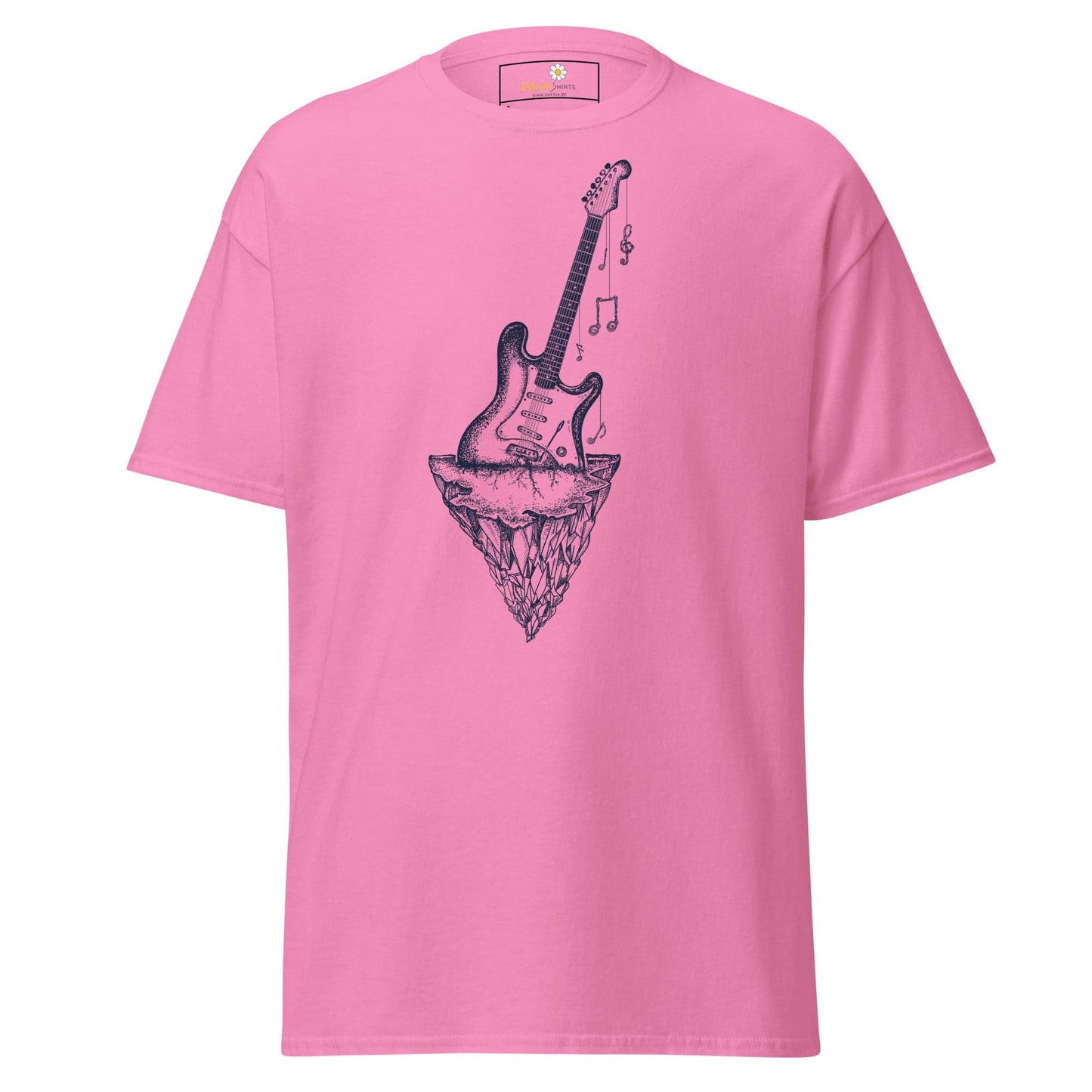 Pink T-shirt with guitar graphic for men and women in sizes S to XL