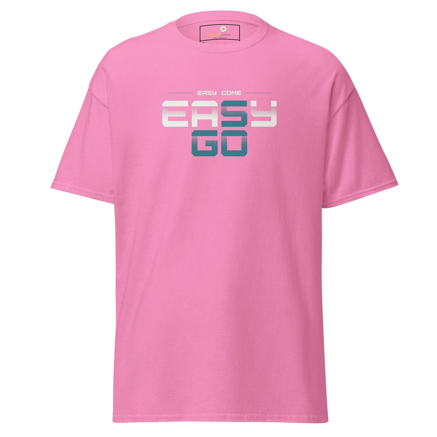 Pink T-shirt with Easy Go graphic, available in man and woman sizes S to XL