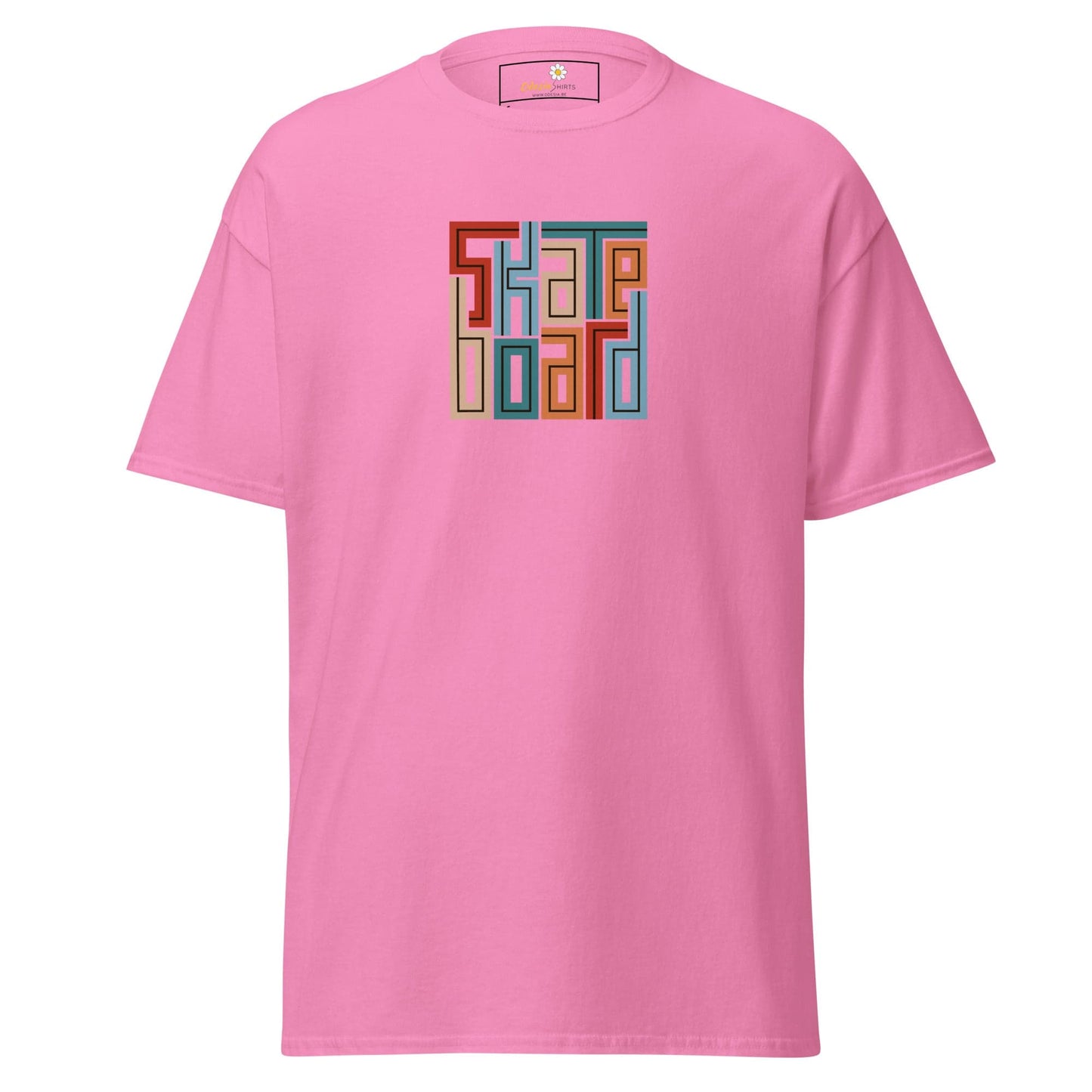 Pink T-shirt with skateboard design for men and women in sizes S to XL