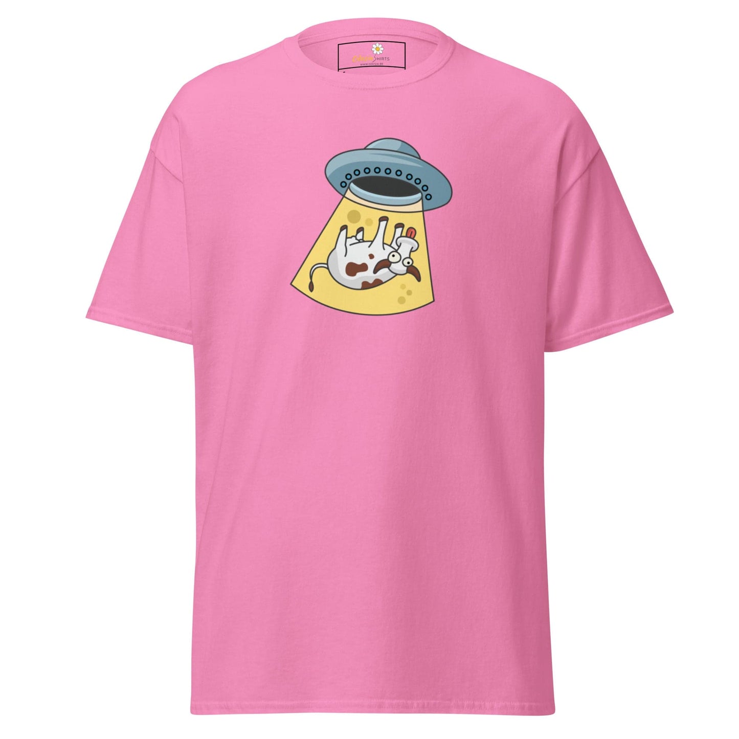 Pink T-shirt with alien abduction graphic for Men and Women in sizes S to XL