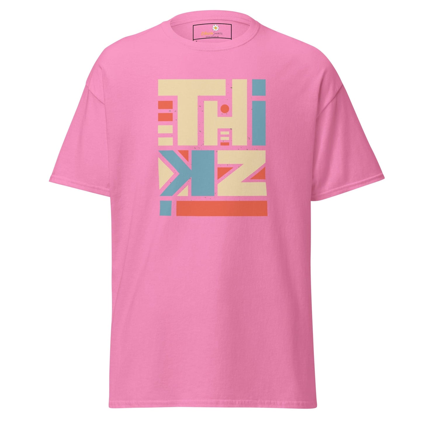 Pink T-shirt with colorful graphic design for men and women in sizes Small to Extra Large