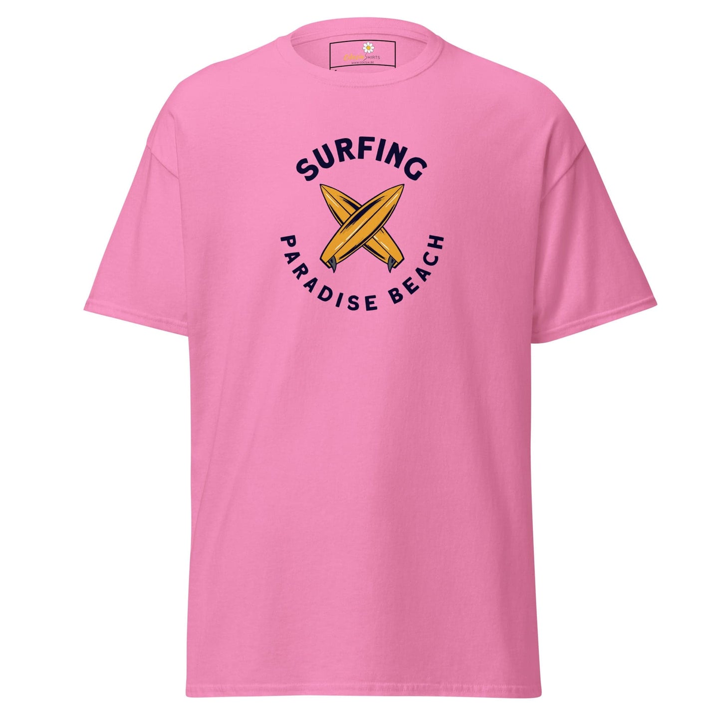 Pink surfboard-themed T-shirt for men and women in sizes S to XL