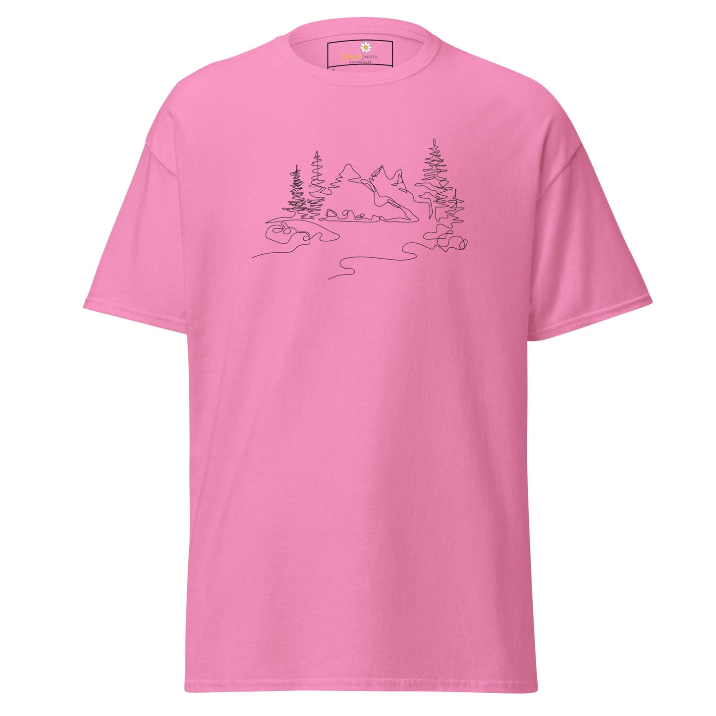 Pink T-shirt with mountain design for Men and Women, available in sizes S to XL