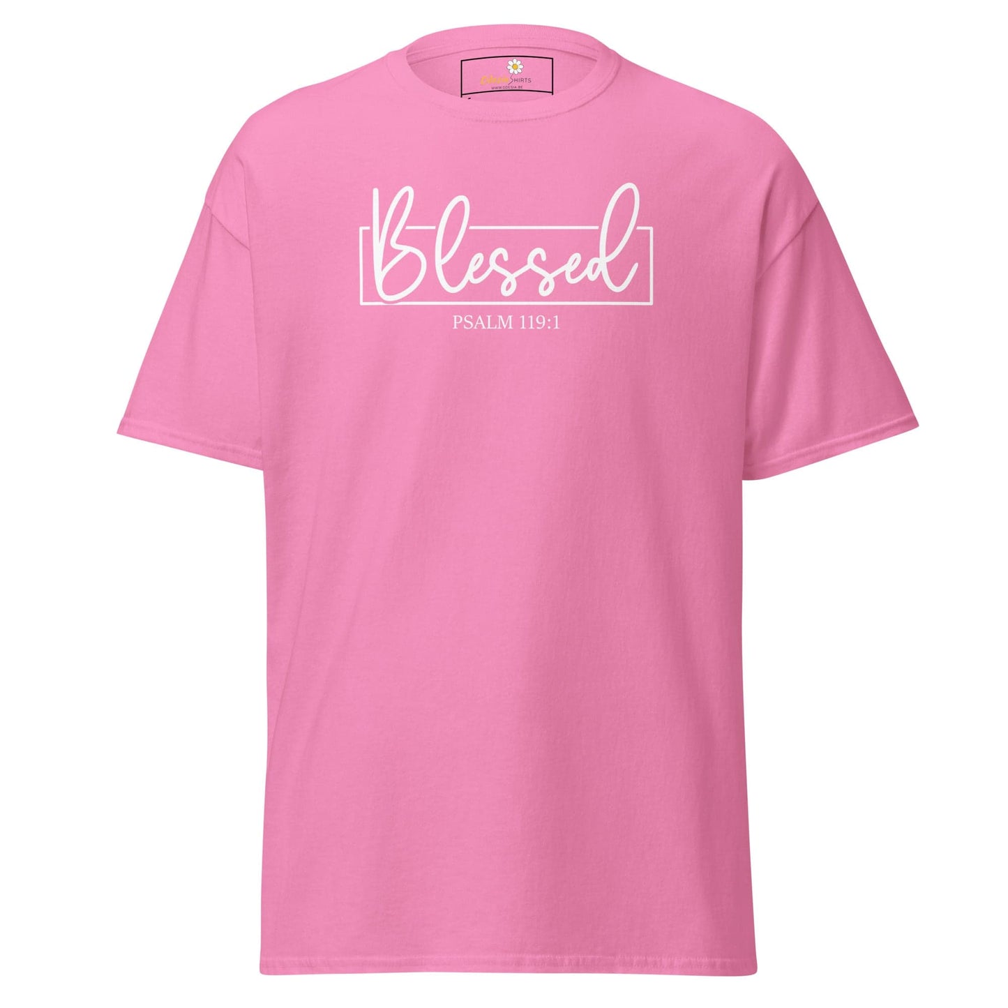 Pink T-shirt with blessed graphic for men and women, available in sizes S to XL