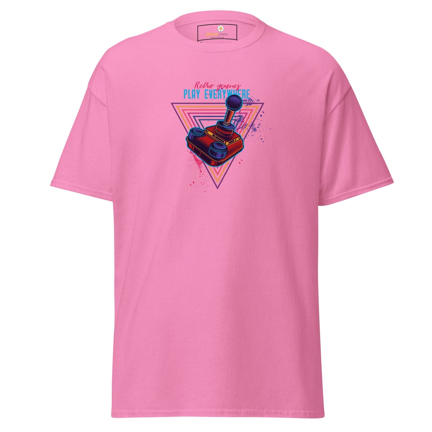 Pink T-shirt with retro gaming design for men and women in sizes S to XL
