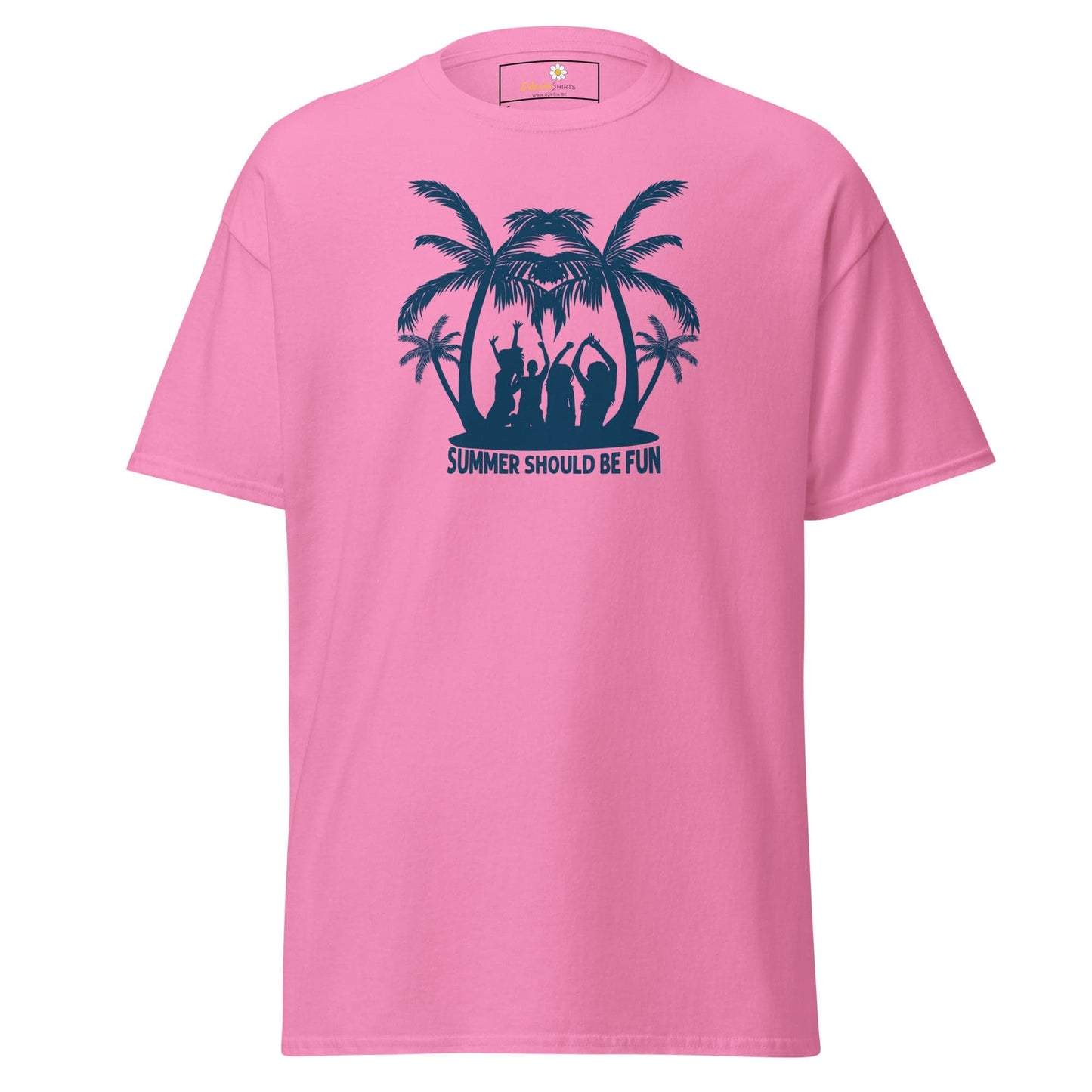 Pink T-shirt with summer-themed graphic for men and women in sizes S to XL