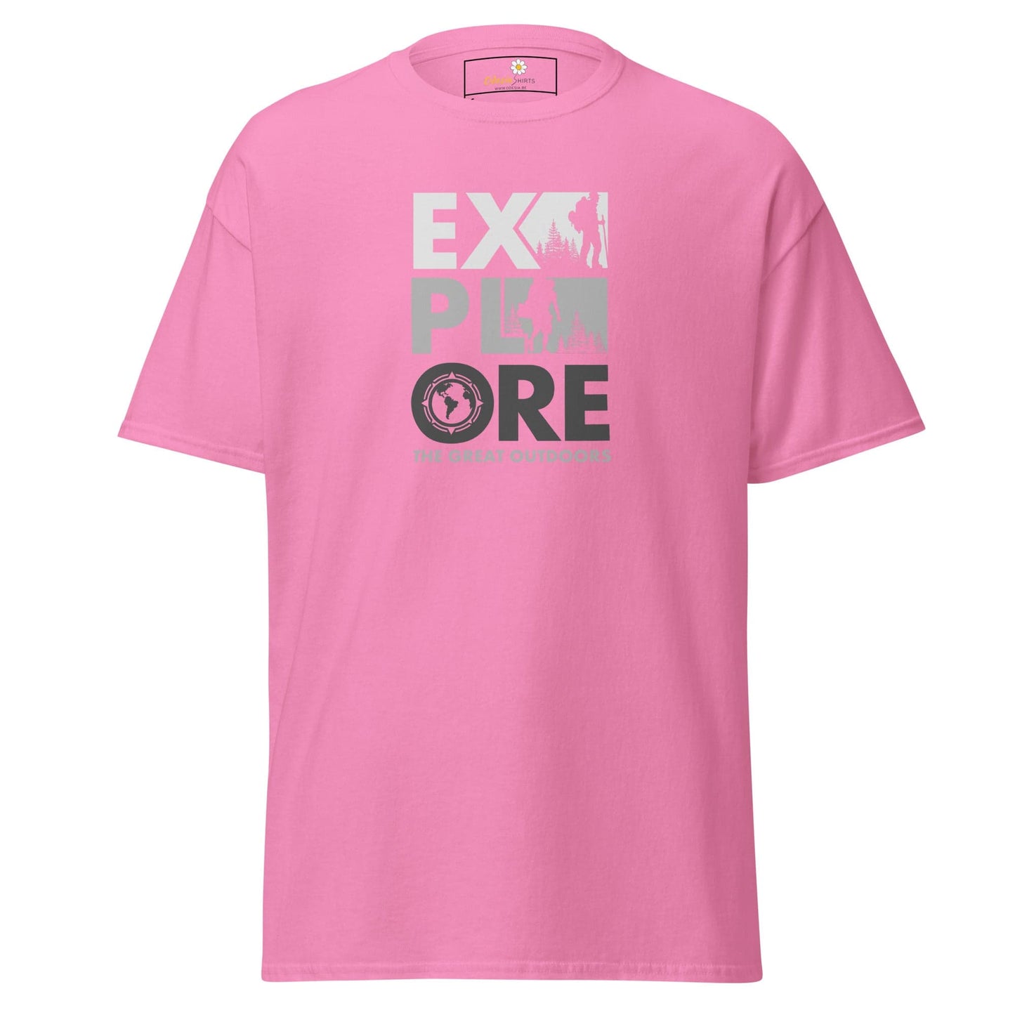 Pink T-shirt with Explore graphic, suitable for men and women sizes S to XL