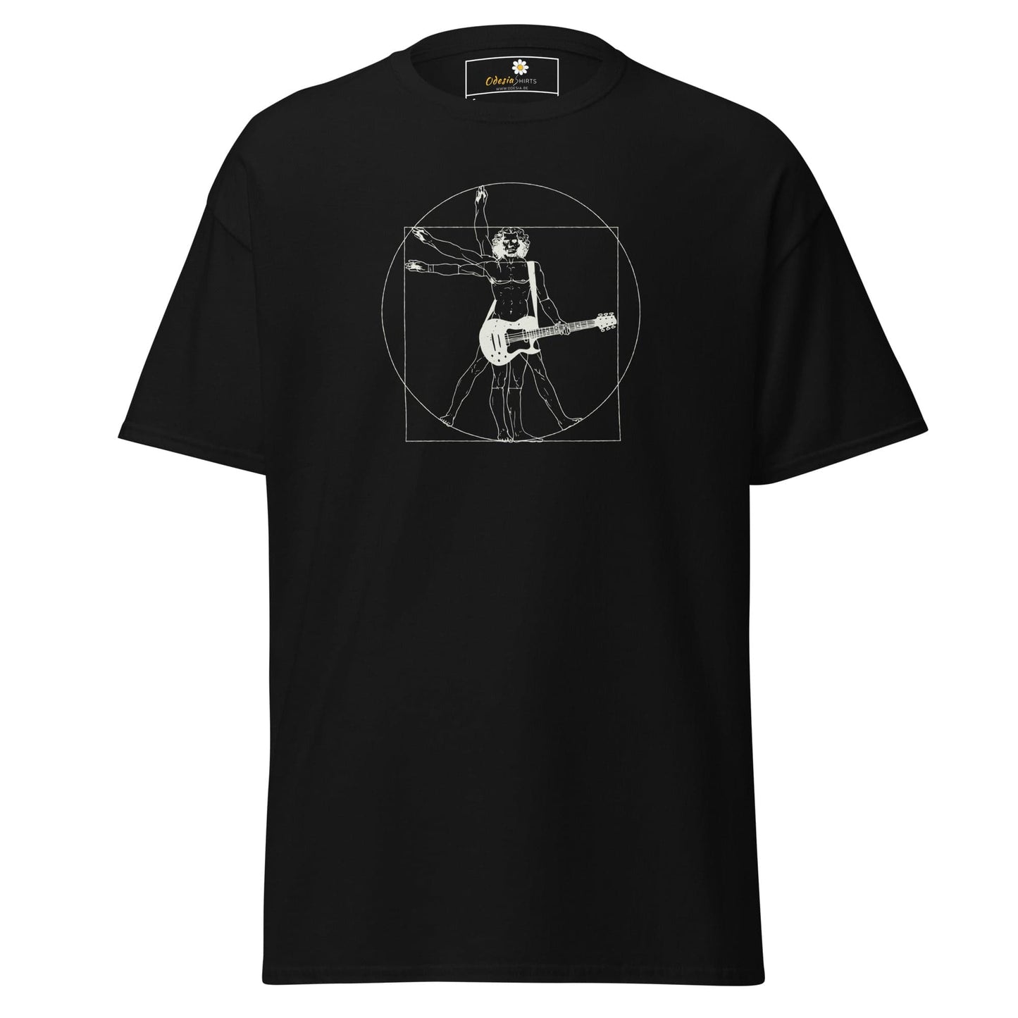 Black T-shirt with Vitruvian Man guitar player design for Men and Women in S-XL