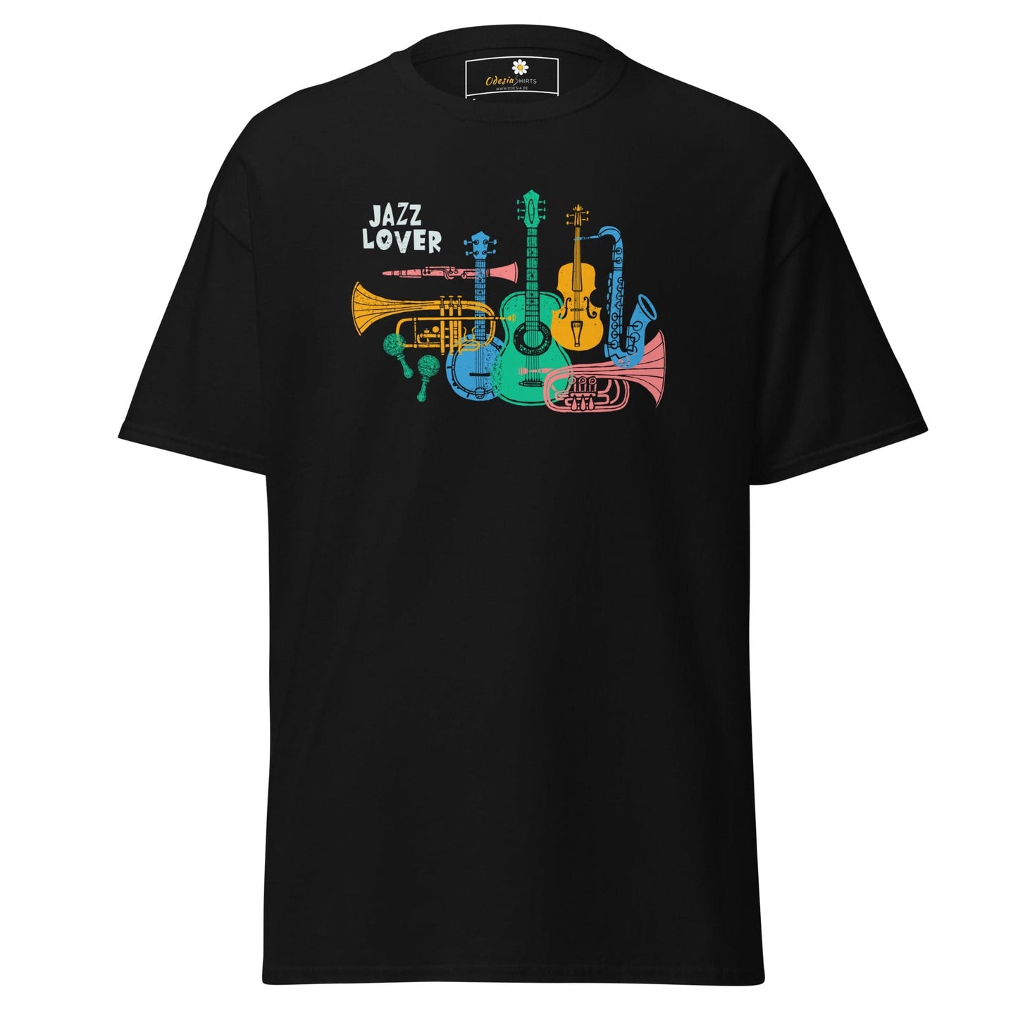 Black T-shirt featuring a jazz instrument graphic for Men and Women sizes S to XL