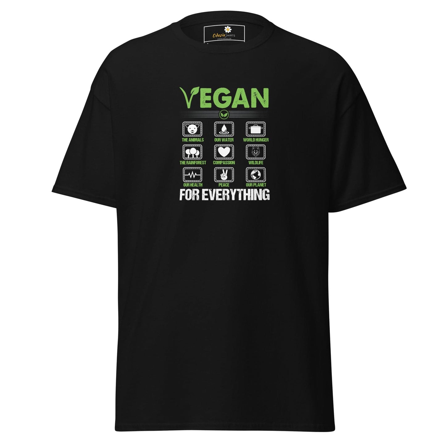 Black vegan-themed T-shirt for men and women, available in sizes S to XL