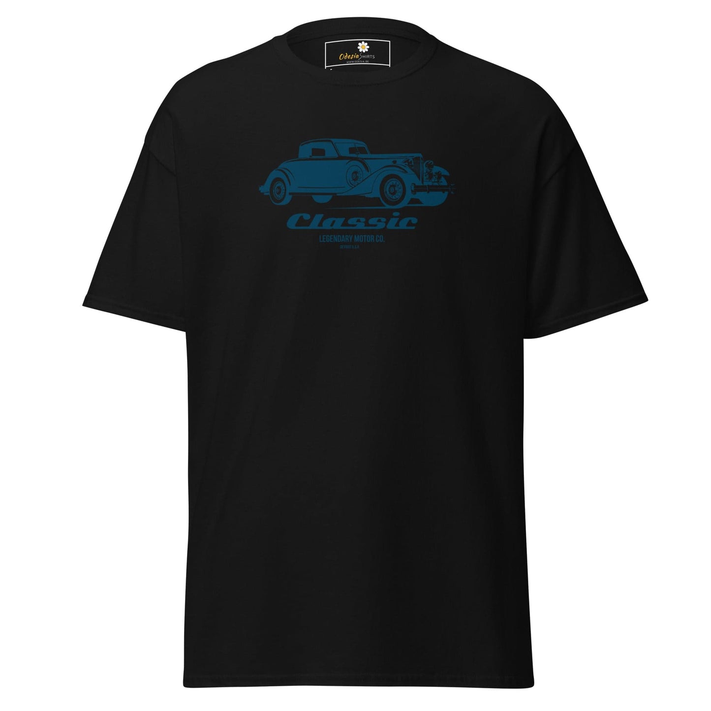 Black T-shirt with blue car graphic for men and women in sizes S to XL