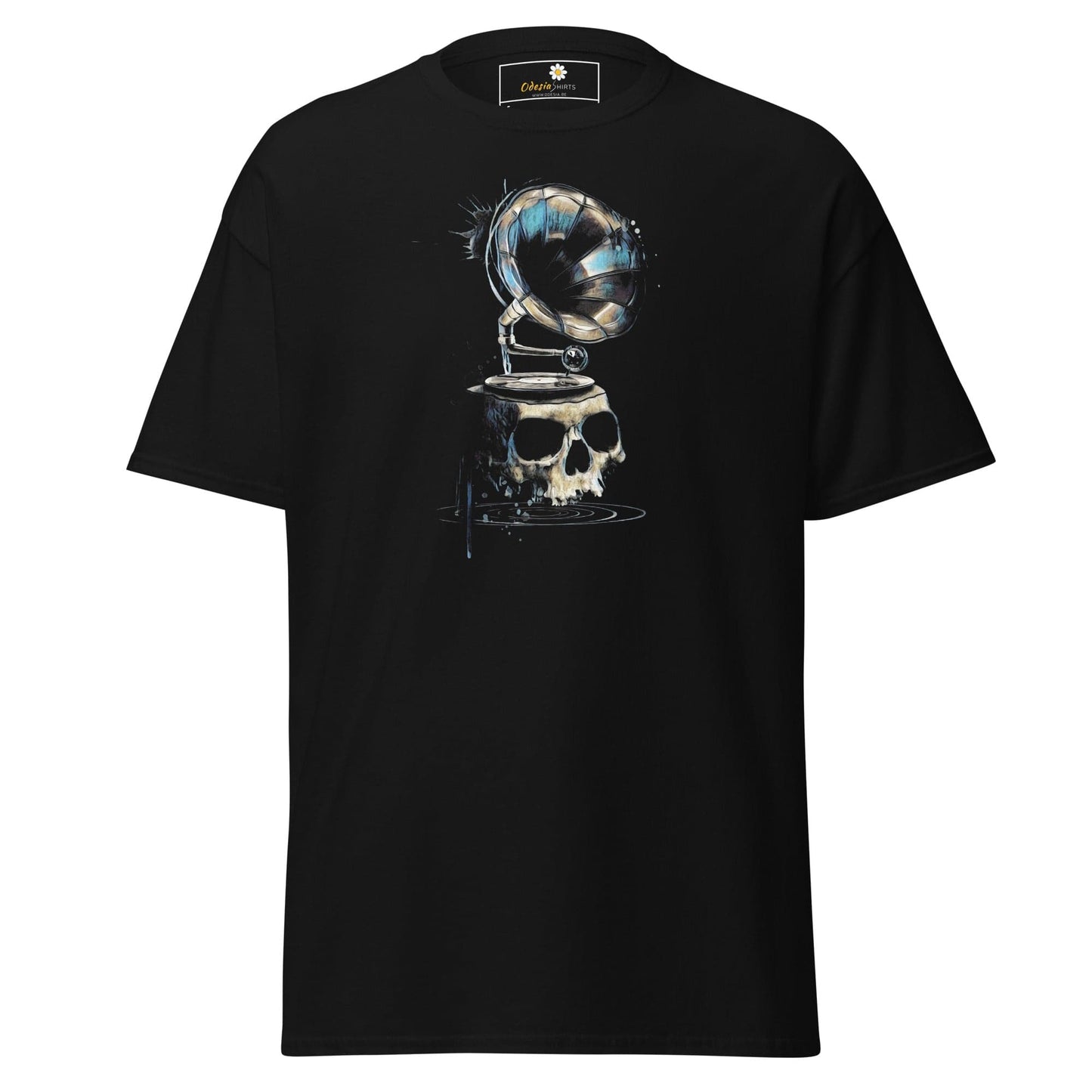 Black graphic T-shirt for men and women in sizes S to XL displayed on a product page
