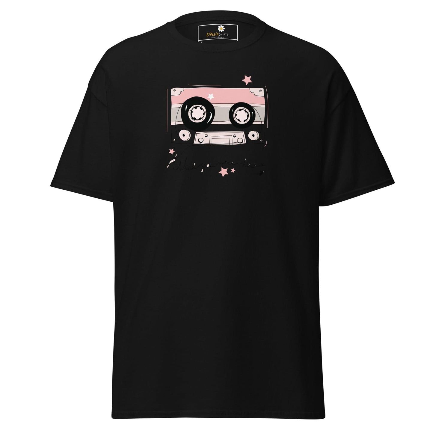 Black T-shirt with cassette tape graphic for Men and Women in S to XL sizes