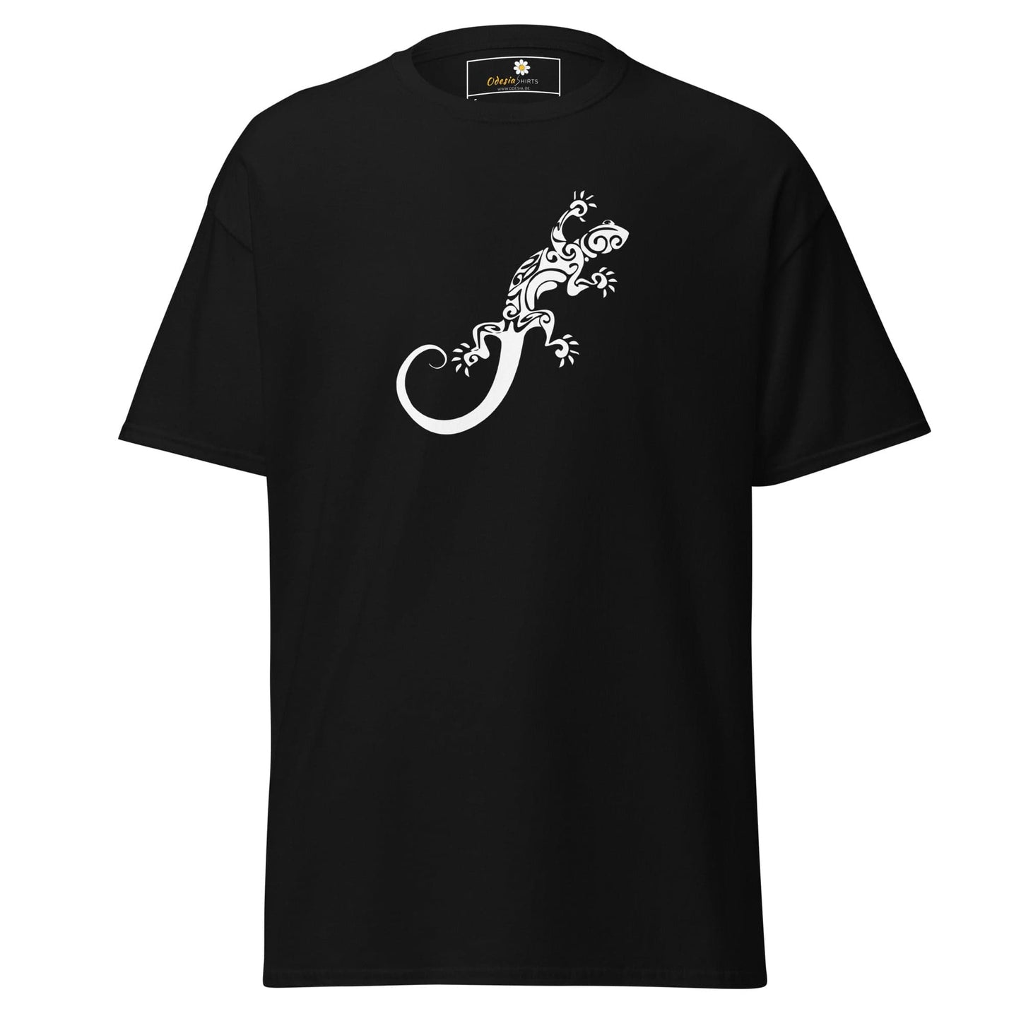 Black T-shirt with a white lizard design, suitable for men and women, available in sizes S to XL