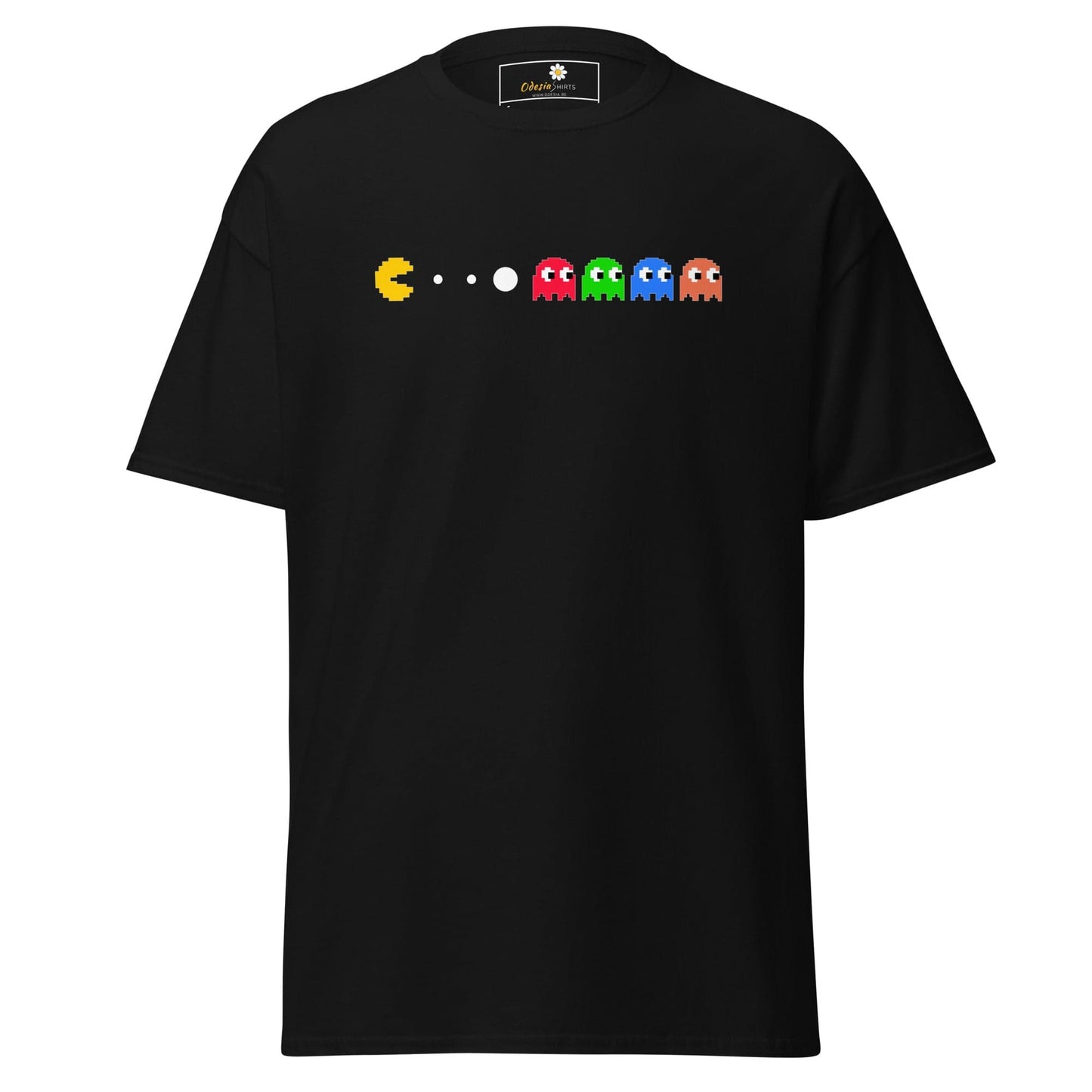 Black T-shirt with Pac-Man design featured in T-SHIRT DESIGN TEE for men and women