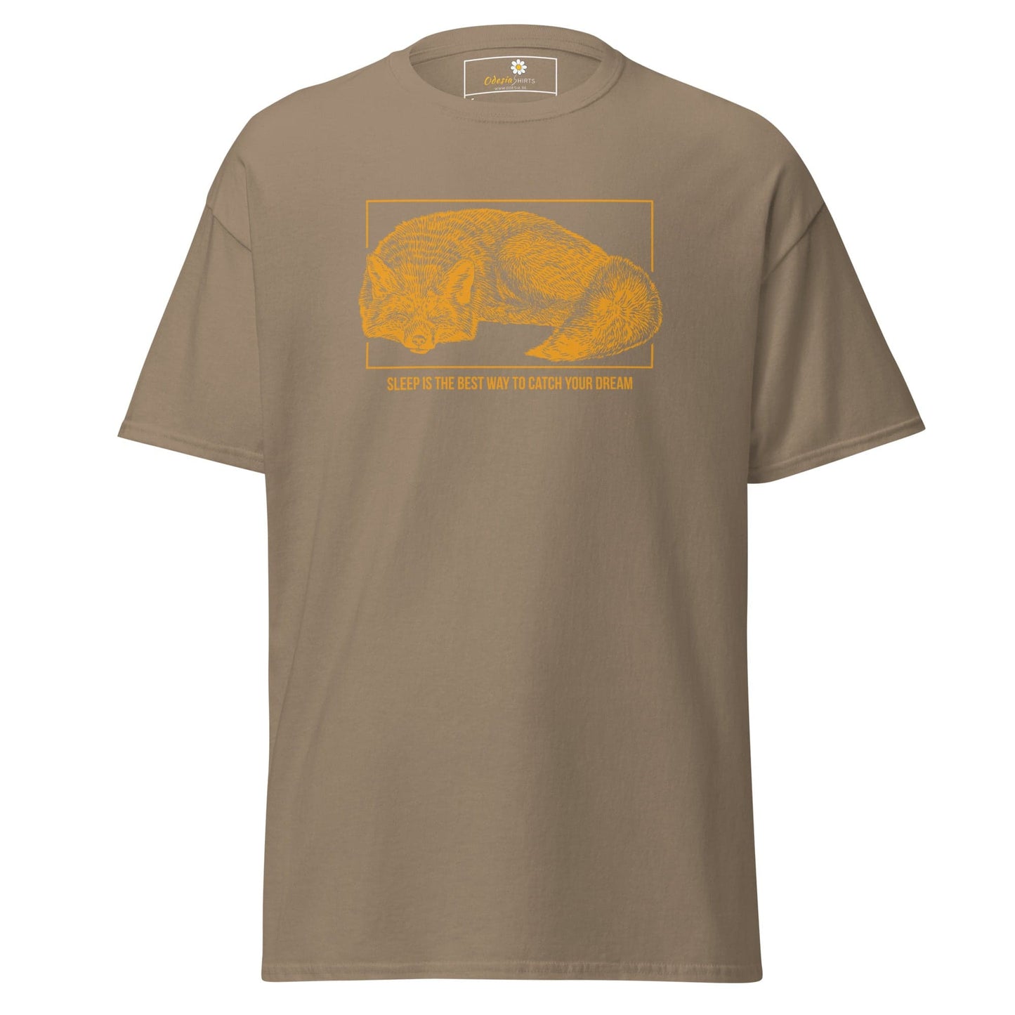 Khaki T-shirt for men and women featuring a sleeping dog graphic, available in S to XL