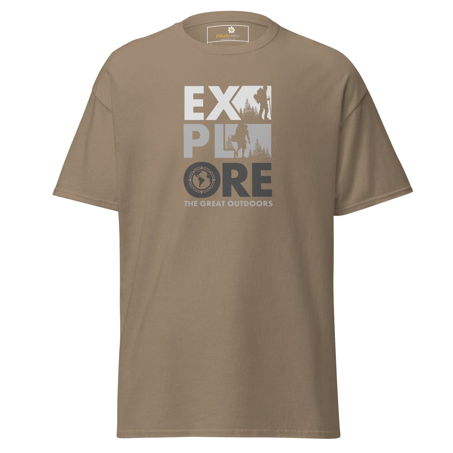 Khaki T-shirt featuring Explore graphic, suitable for men and women, available in sizes S to XL