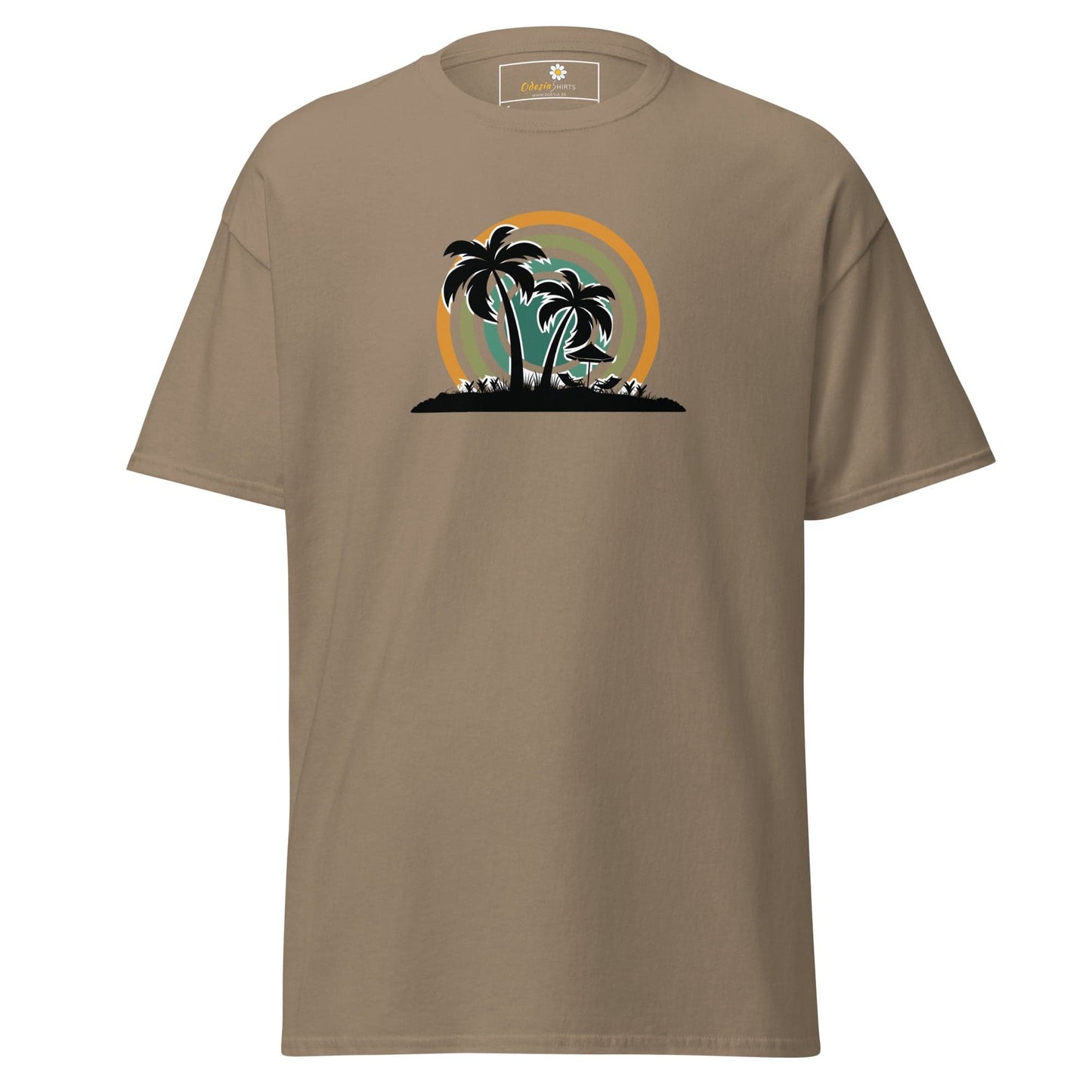 Khaki T-Shirt with Palm Tree Graphic for Men and Women, Available in Sizes S to XL
