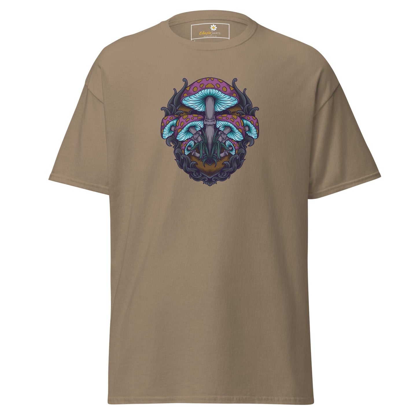Khaki T-shirt with mushroom design for men and women, available in sizes S to XL