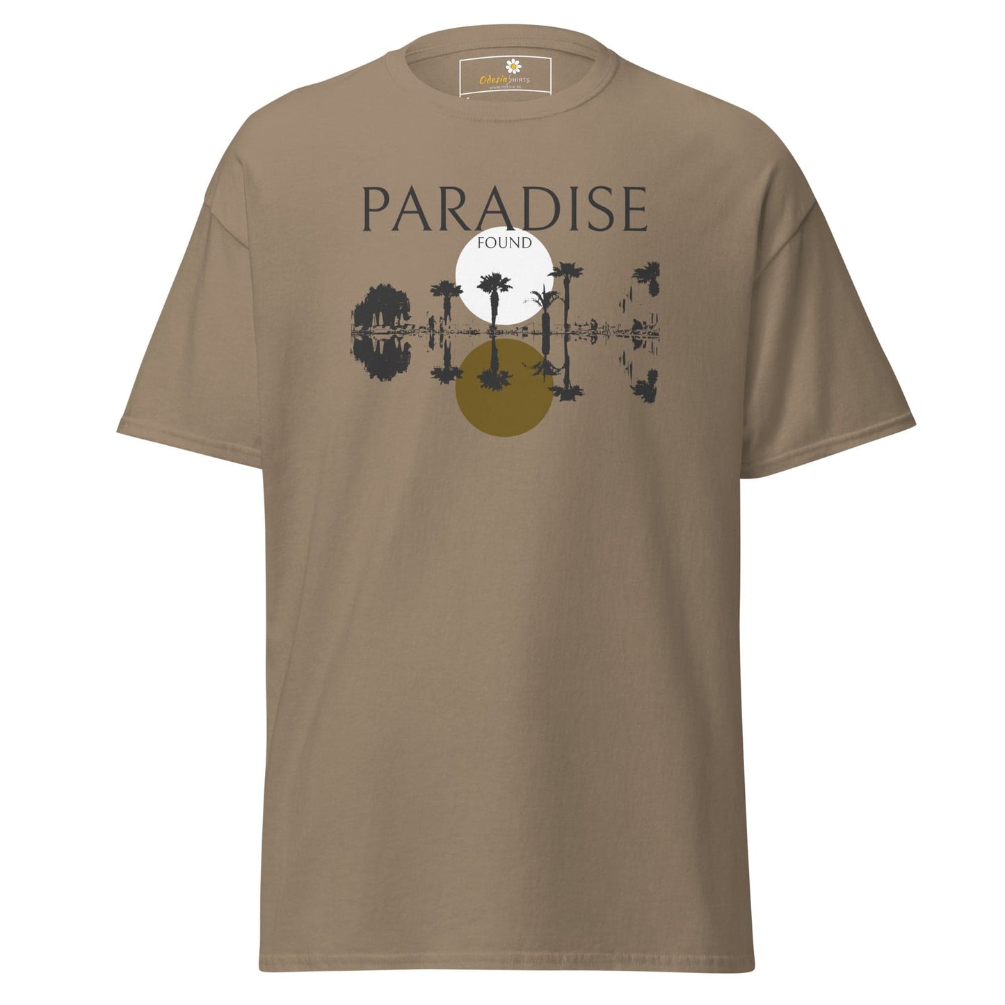 Beige T-shirt with Paradise Found graphic for man or woman, available in sizes S to XL