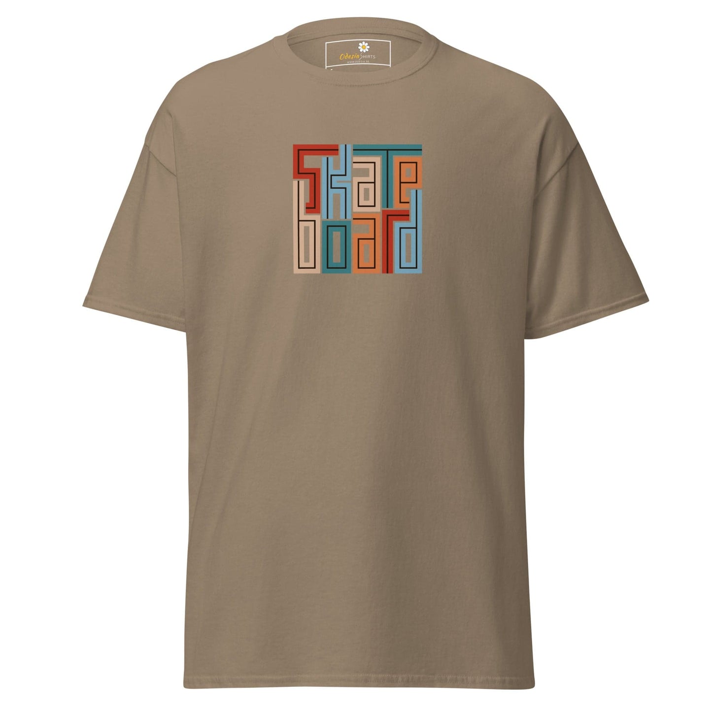 Khaki T-shirt with colorful block lettering displayed in T-SHIRT DESIGN TEE for men and women