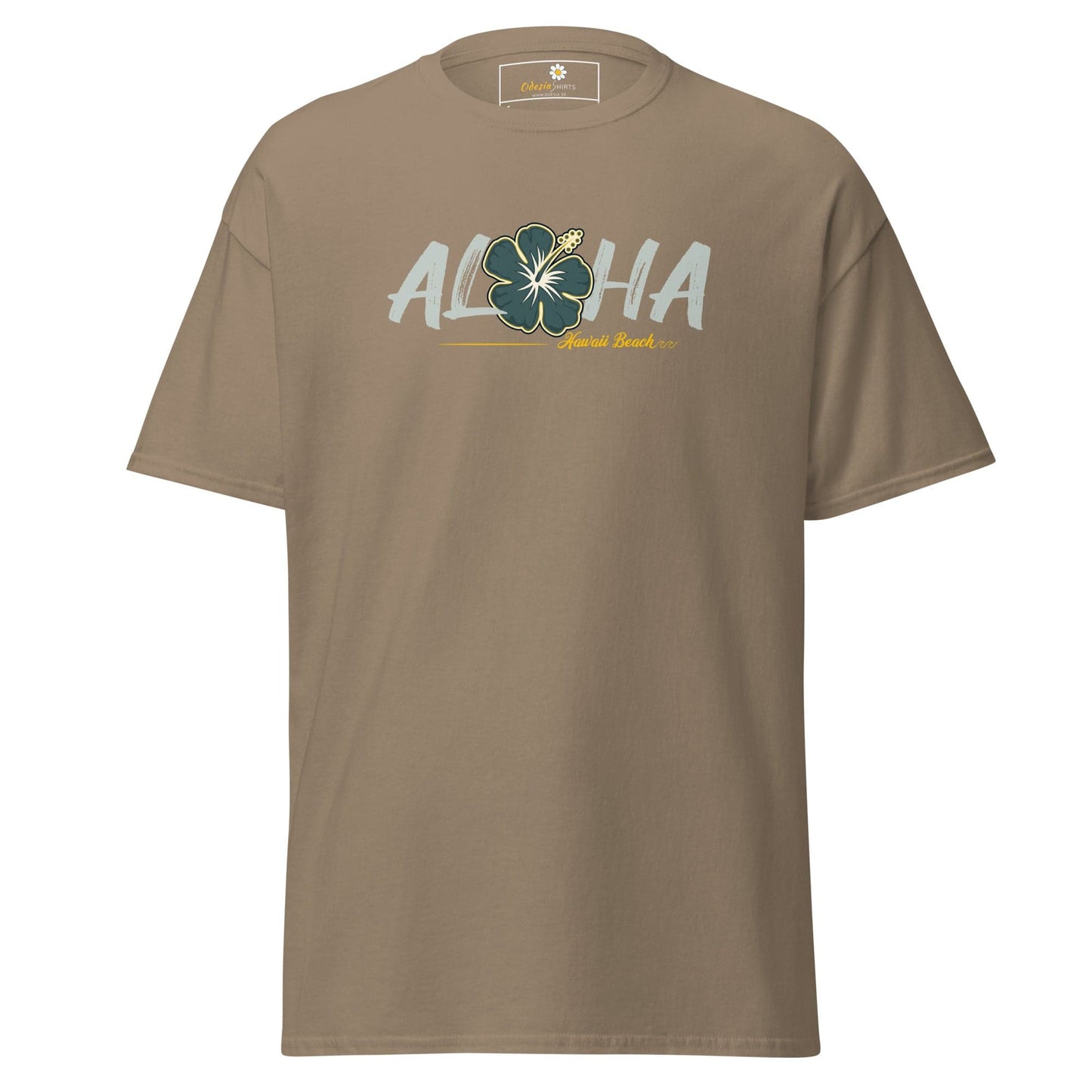 Tan T-shirt with Aloha graphic for men and women in S to XL sizes