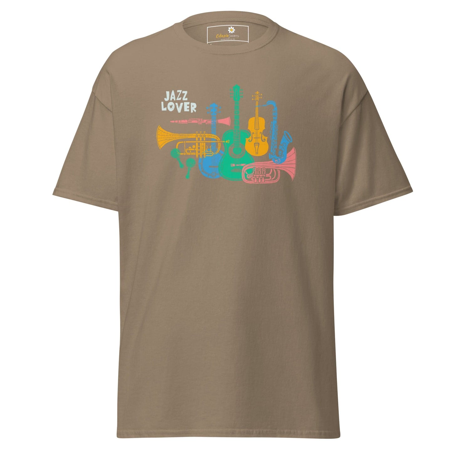Khaki T-shirt with jazz instrument graphic for men and women in sizes S to XL