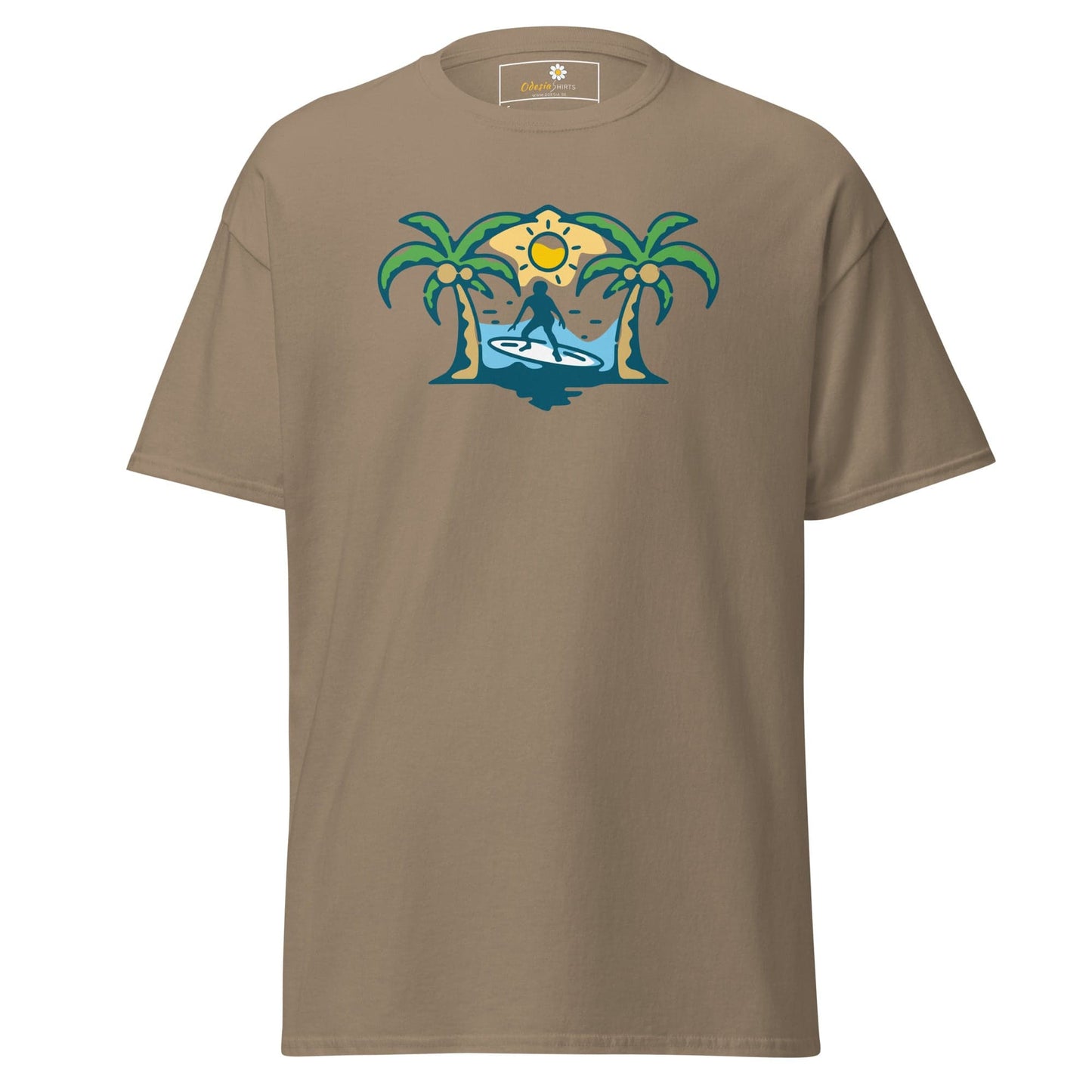 Khaki T-shirt with surfer graphic for men and women in sizes S to XL