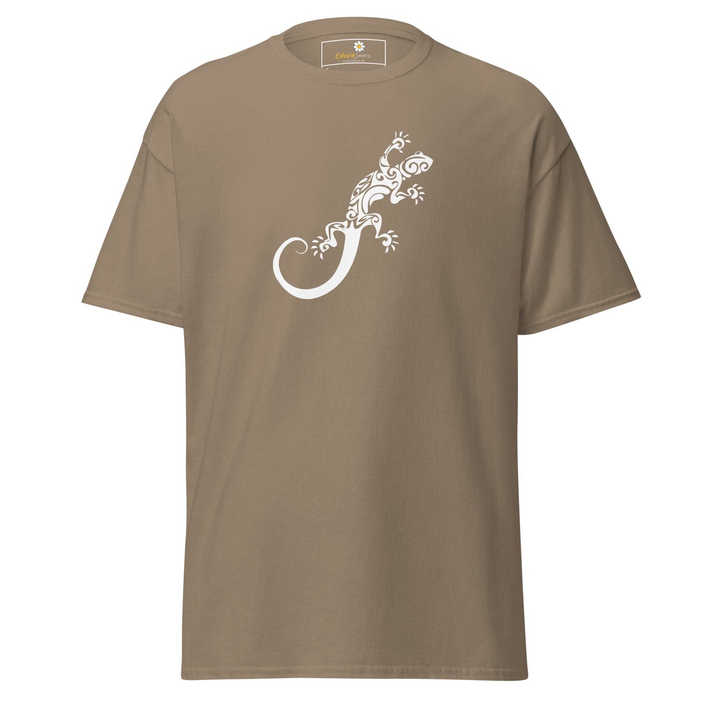 Khaki T-shirt with white lizard design for men and women, available in sizes S to XL