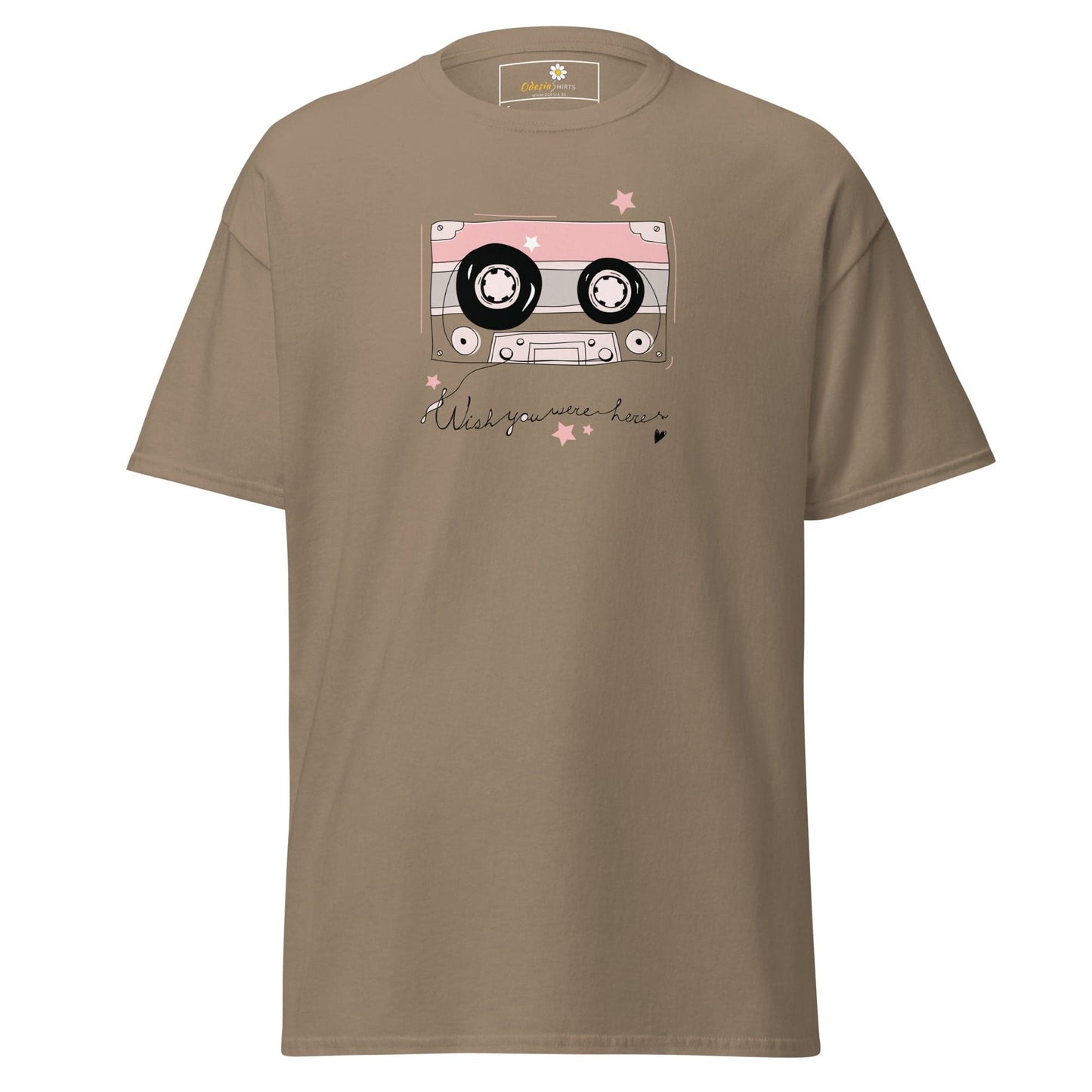 Taupe T-shirt with cassette tape graphic, suitable for men and women sizes S to XL